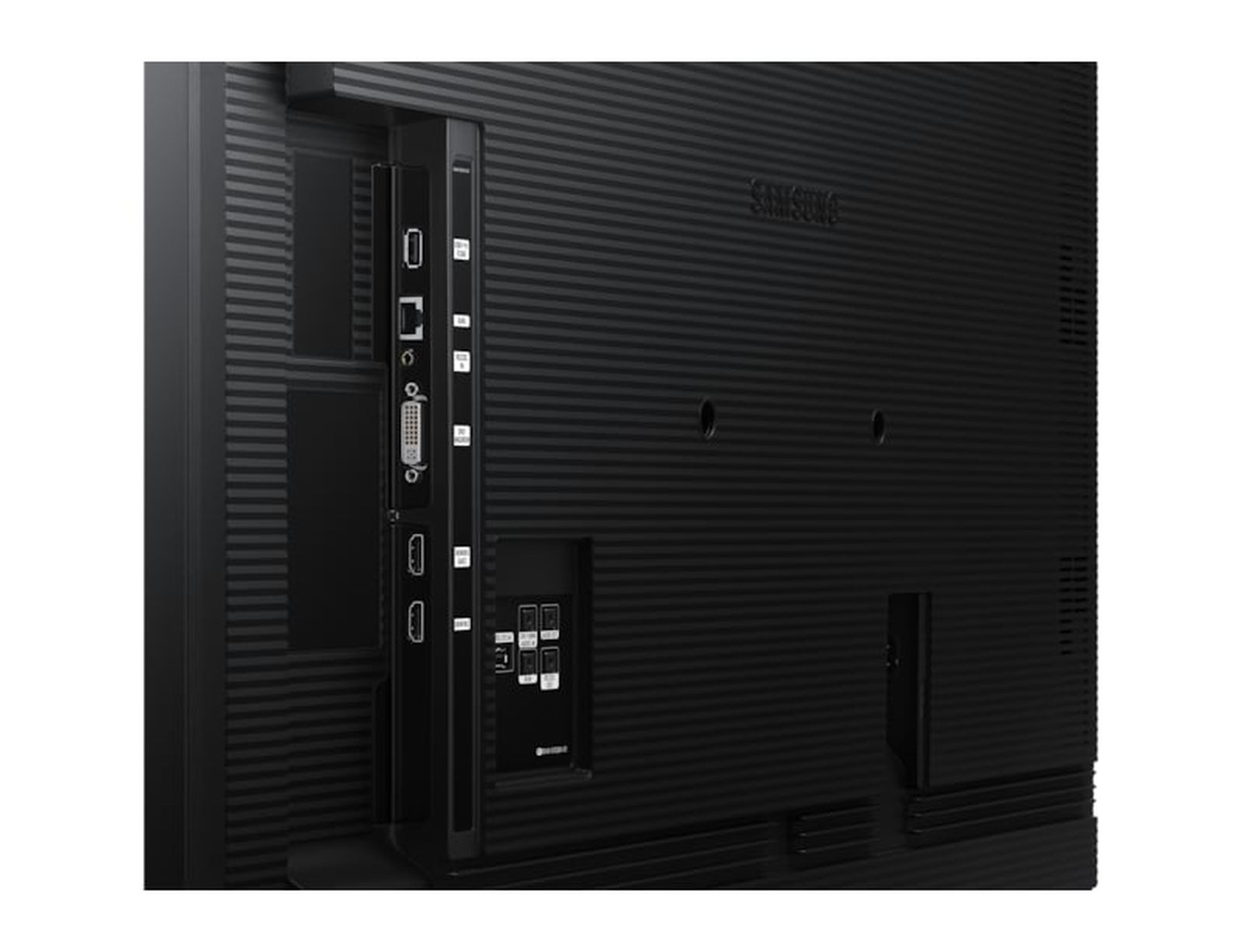 Rückseite eines schwarzen Samsung Monitors mit Anschlüssen wie HDMI und DVI.