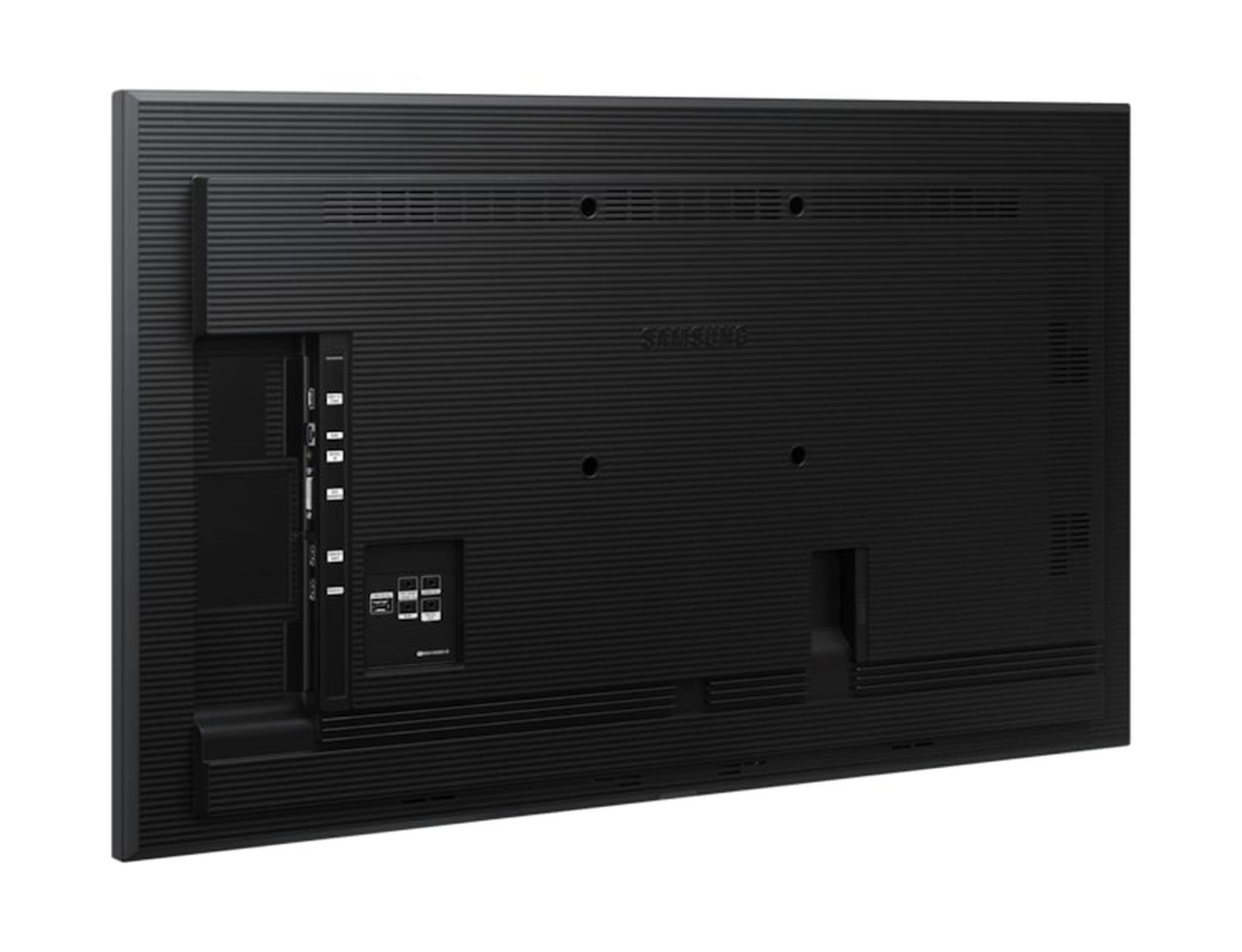 Rückseite eines schwarzen Samsung-Fernsehers mit Anschlüssen und Lüftungsschlitzen.