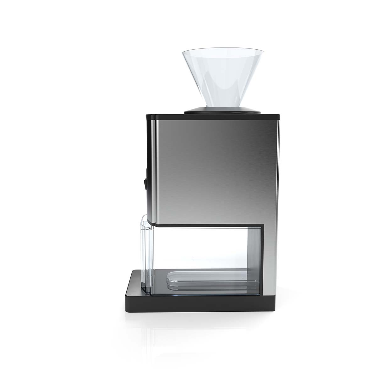 Ein moderner Edelstahl-Kaffeemühle mit einem klaren Trichter oben.