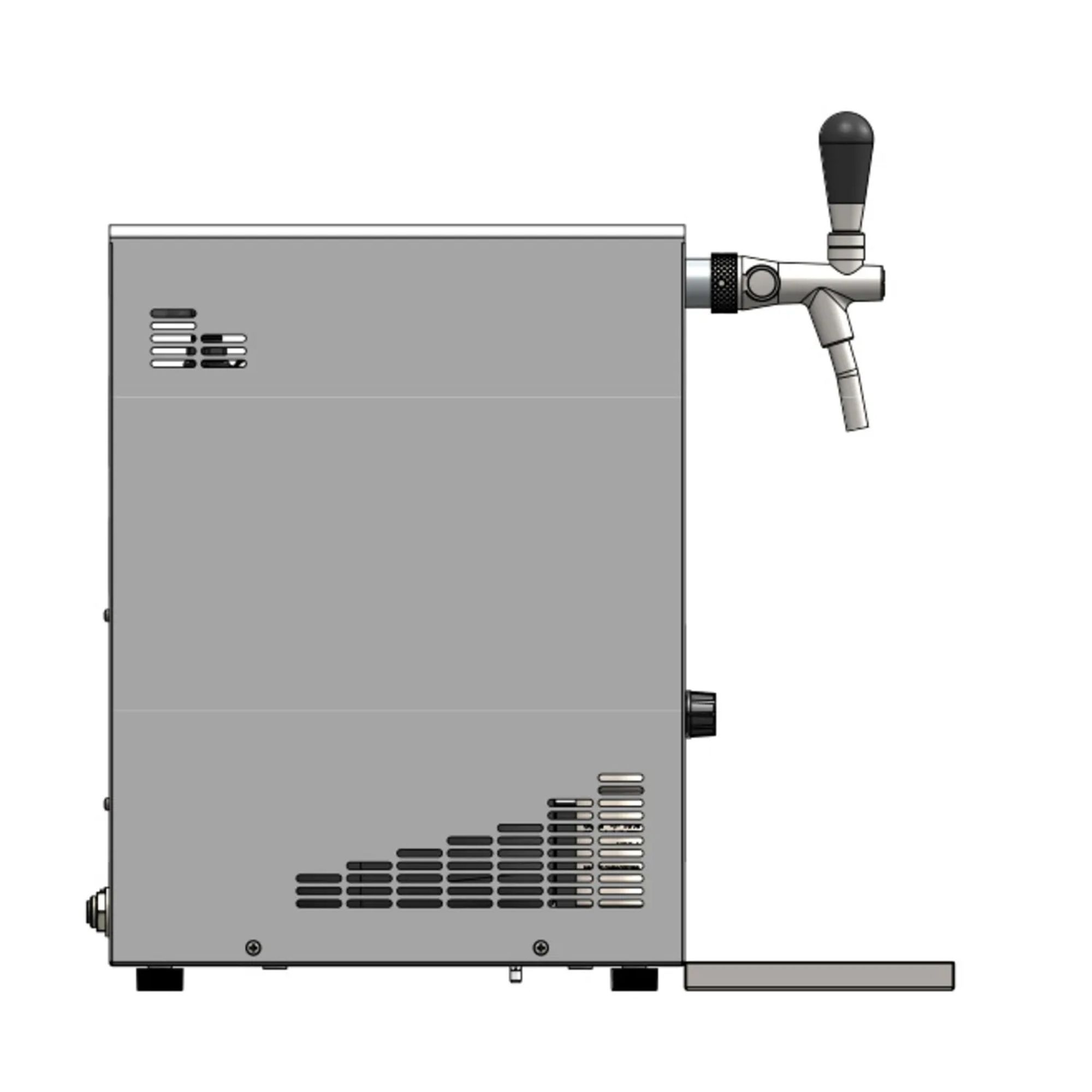 Gray beer dispenser with black handle and spout.