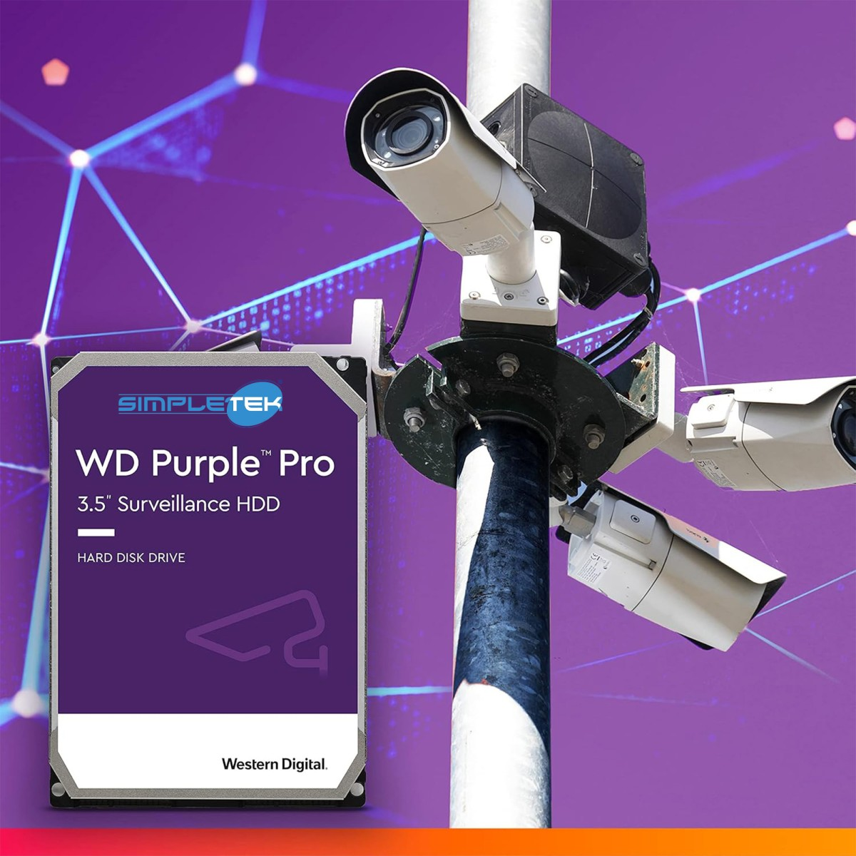 Disque dur WD Purple Pro 3,5" de surveillance près de caméras sur un poteau.