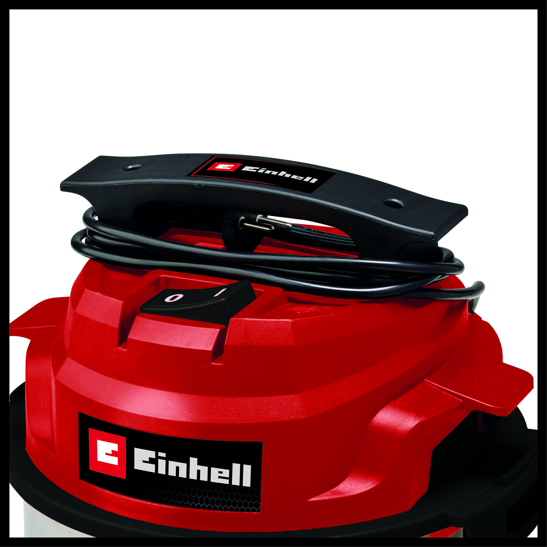 Roter Staubsaugerdeckel mit schwarzem Griff, Kabel und Schalter.