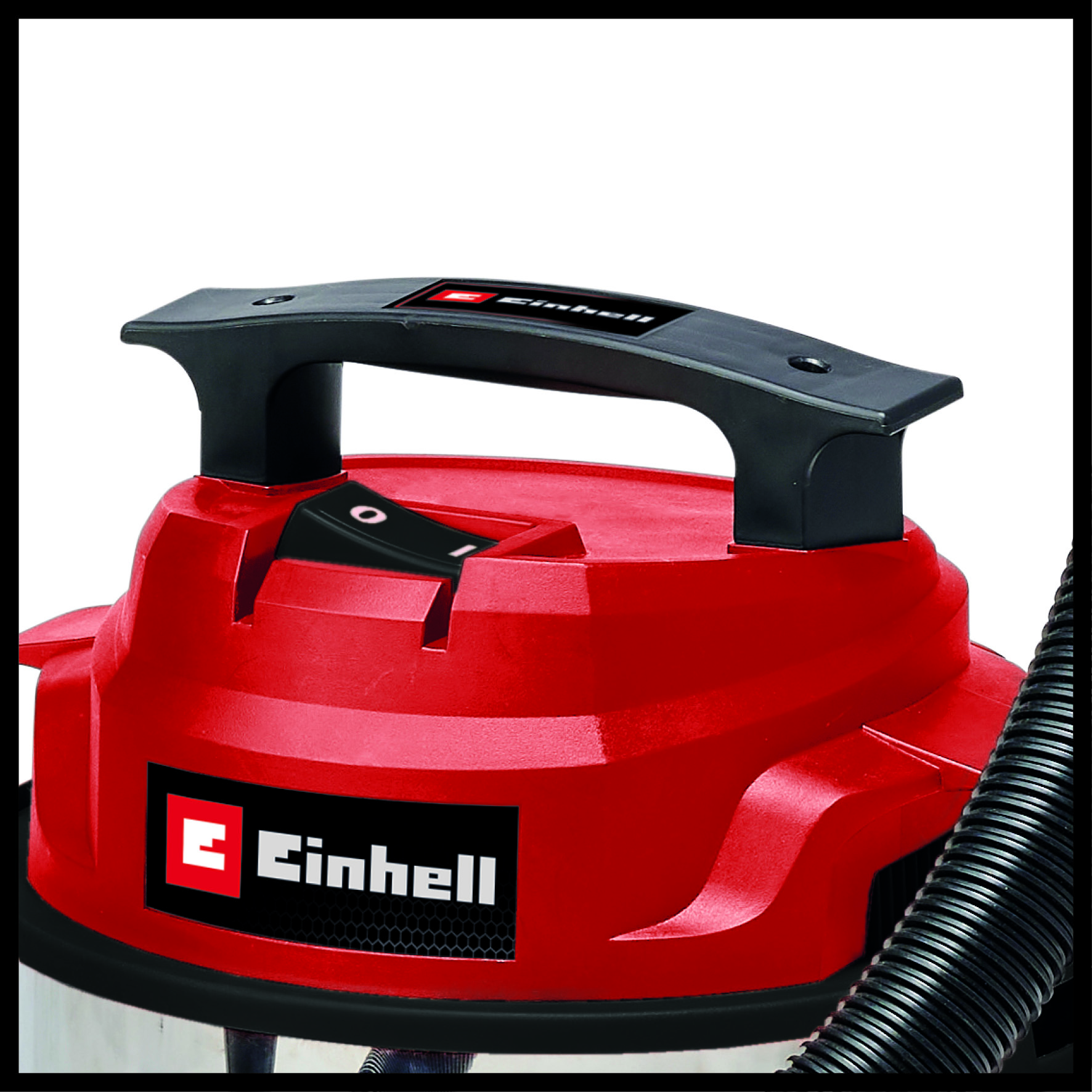 Roter Staubsauger mit schwarzem Griff und Einhell-Logo. Ein Schalter ist sichtbar.