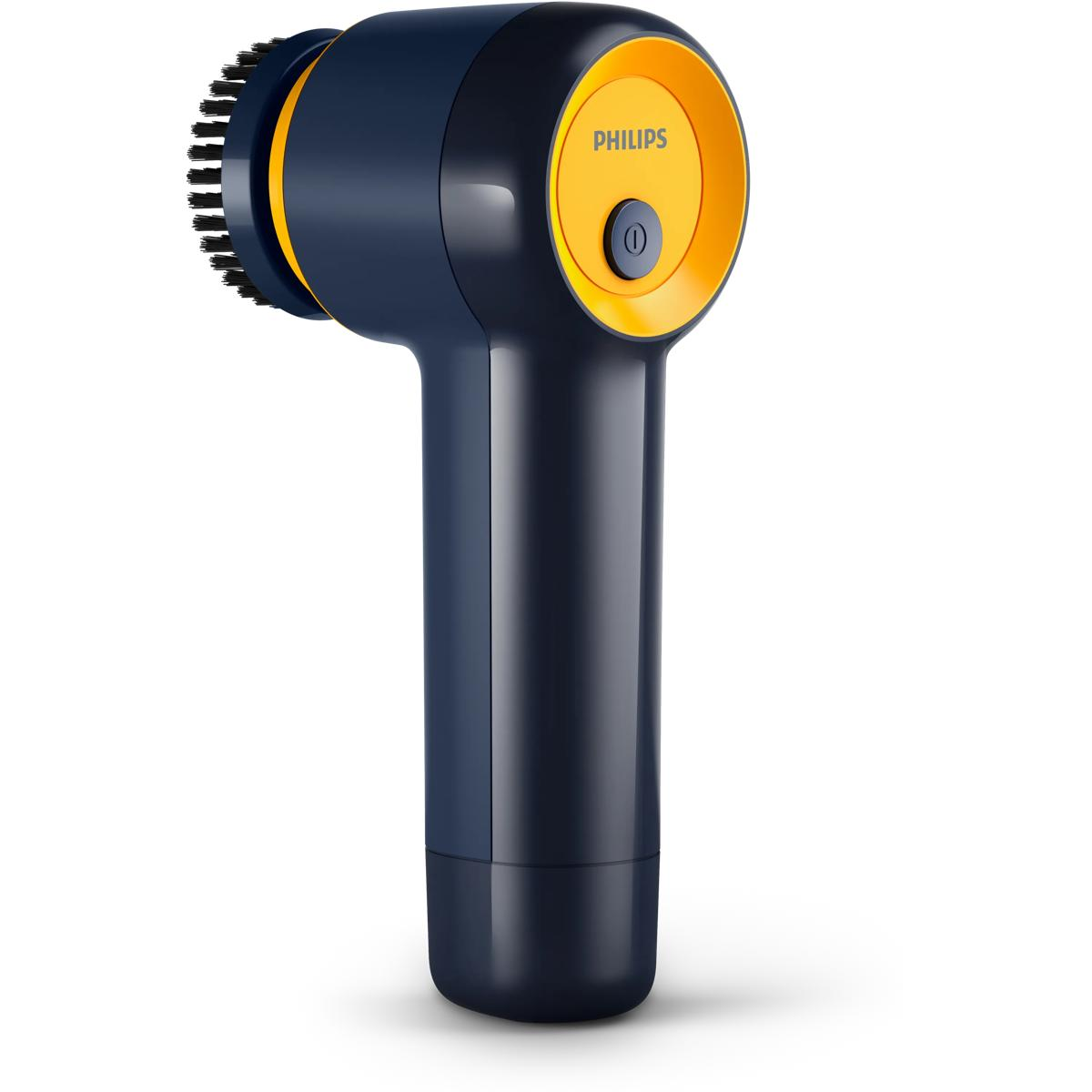 Ein dunkelblauer und gelber Philips Reinigungsbürstenkopf mit einem Griff.