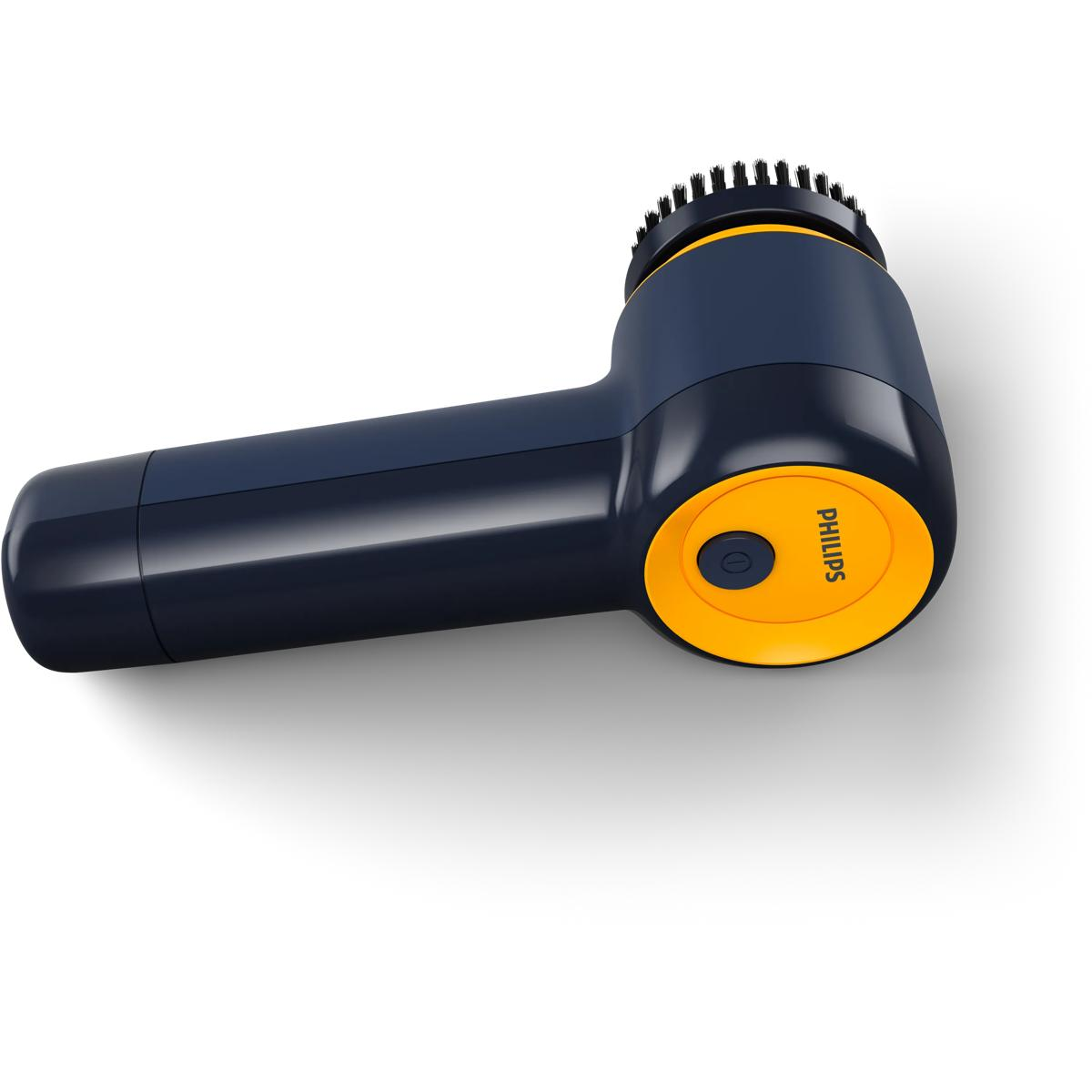 Ein dunkelblauer Handmixer mit orangefarbenem Griff und Bürstenkopf.