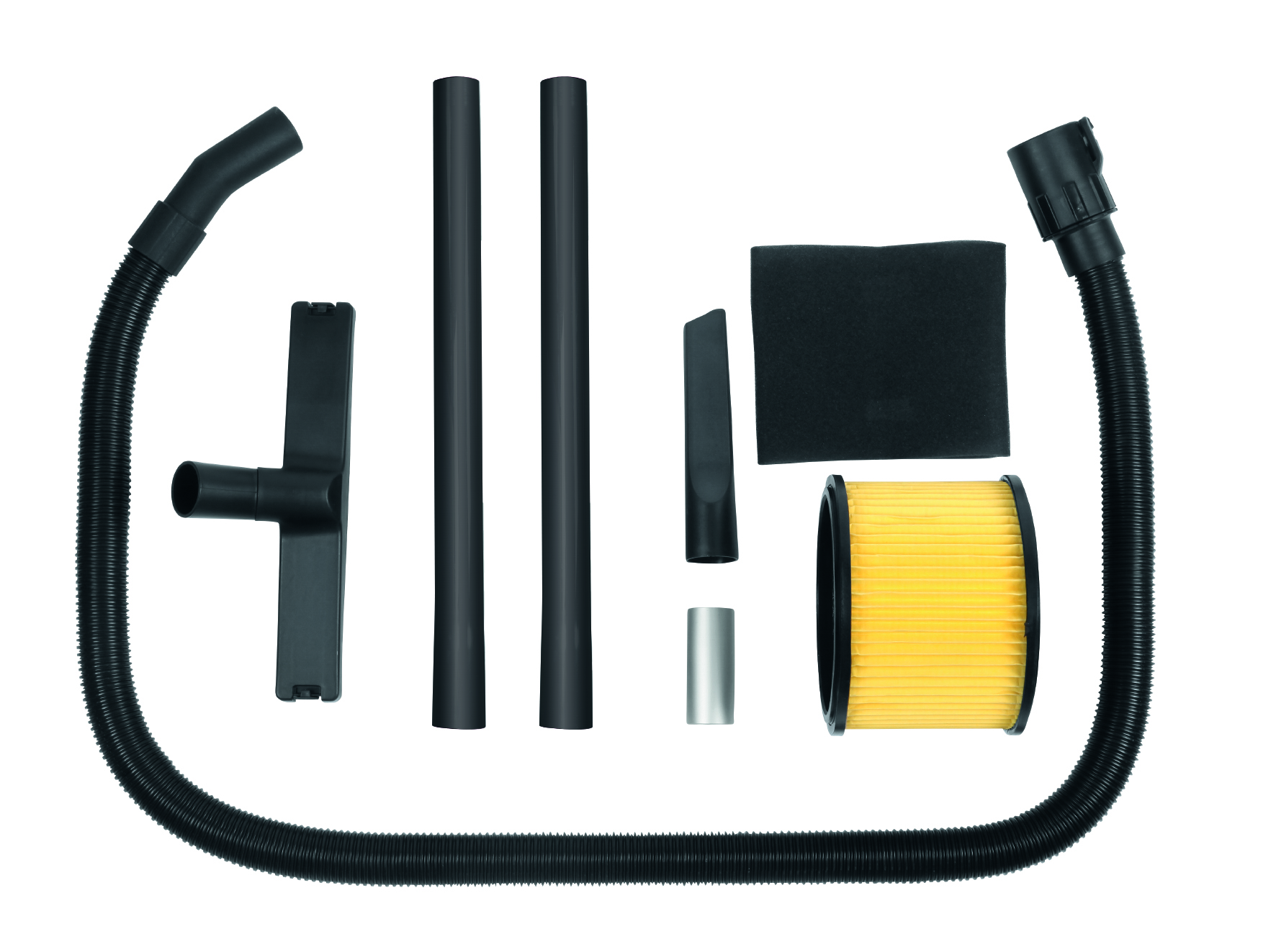 Un set di accessori neri per aspirapolvere e un filtro su sfondo bianco.