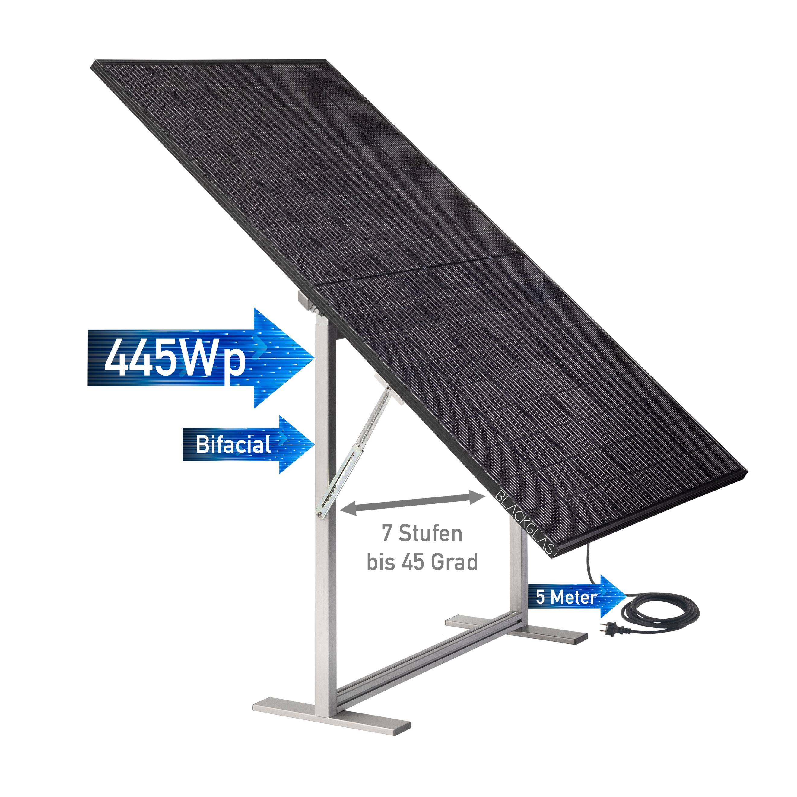 Ein bifaziales Solarpanel mit 445Wp auf einem Ständer, 7 Stufen bis 45 Grad, 5 Meter Kabel.