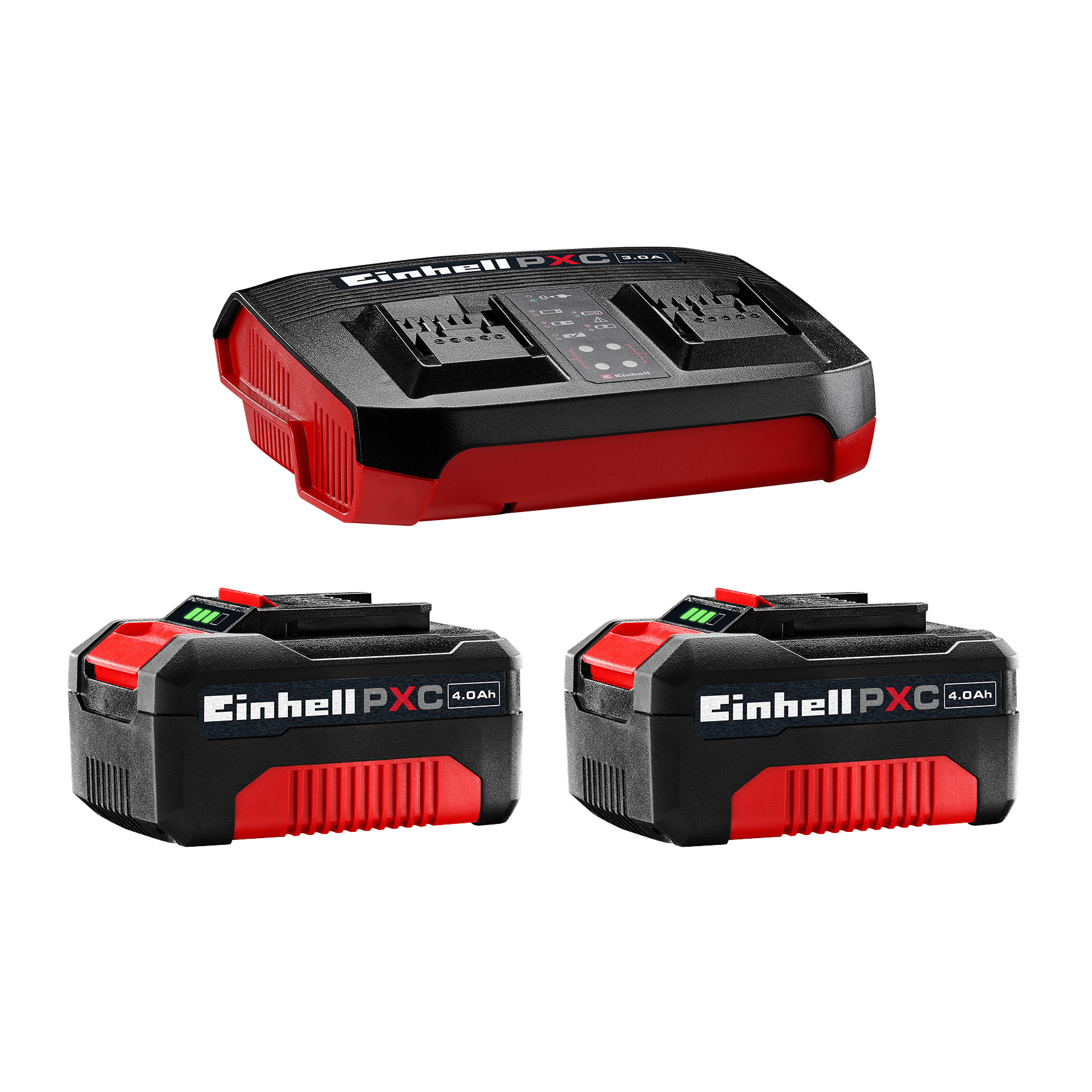 Einhell PXC Ladegerät mit zwei Akkus, schwarz und rot.