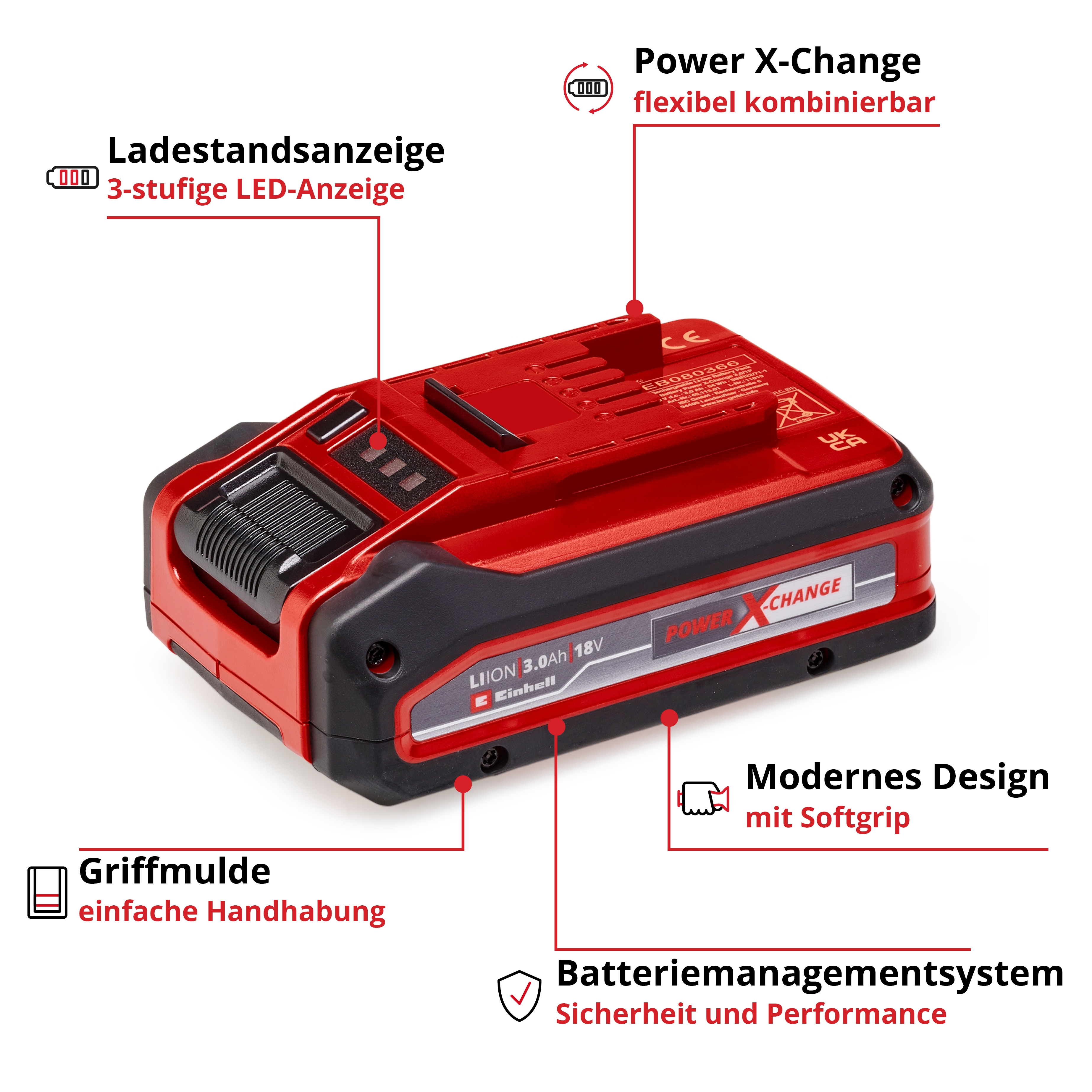 Batteria rossa e nera Li-Ion da 18V con indicatore LED, incavo per impugnatura e impugnatura morbida.