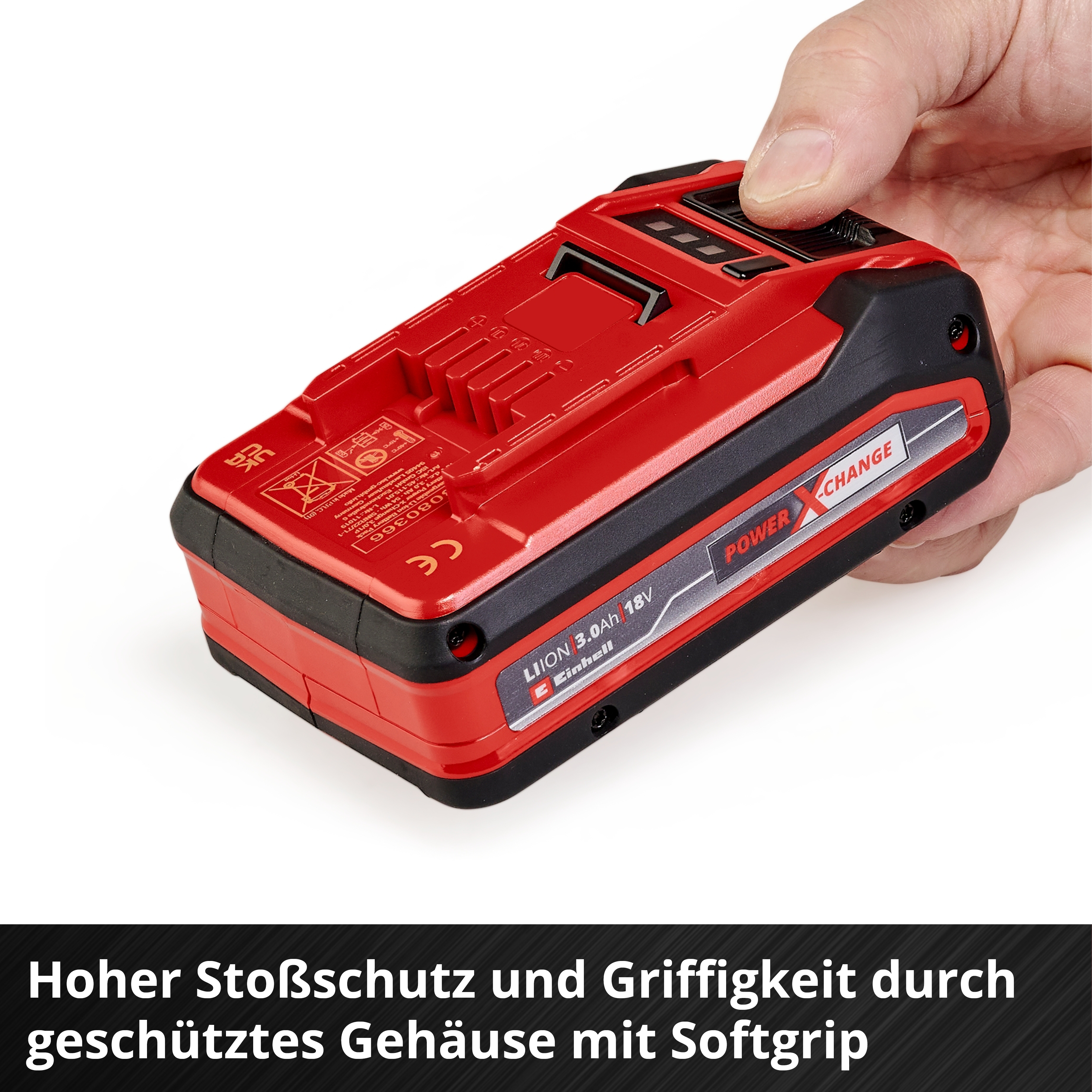Un pacco batteria rosso agli ioni di litio da 3,0 Ah 18V è tenuto da una mano.