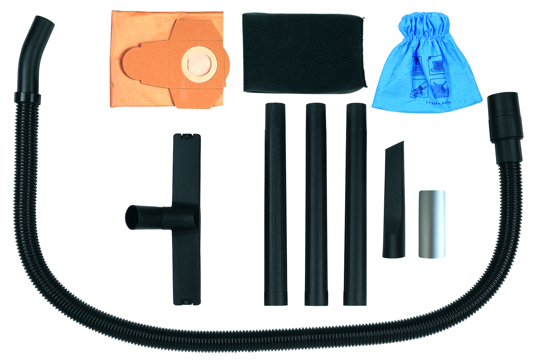 Accessori aspirapolvere: tubo, prolunghe, bocchette, sacchetto, filtro e custodia.
