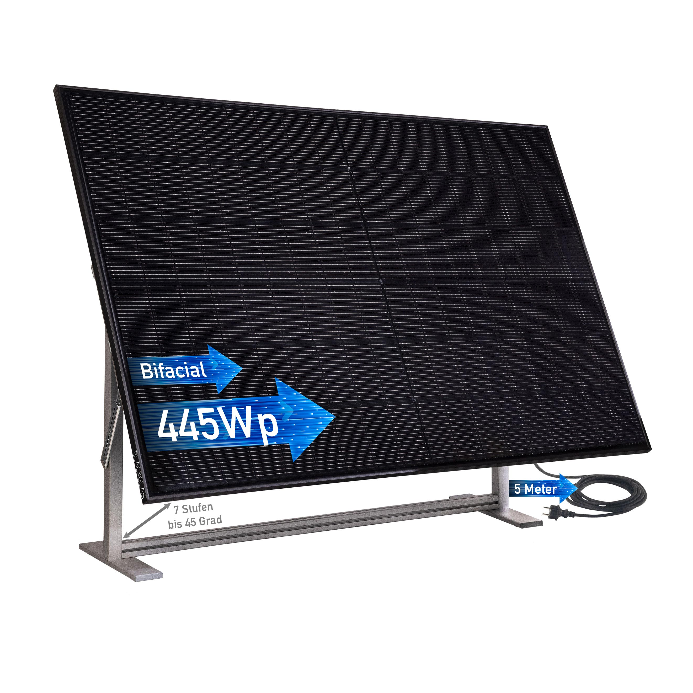 Bifaziales Solarmodul 445Wp mit 5m Kabel und Stecker auf Ständer.