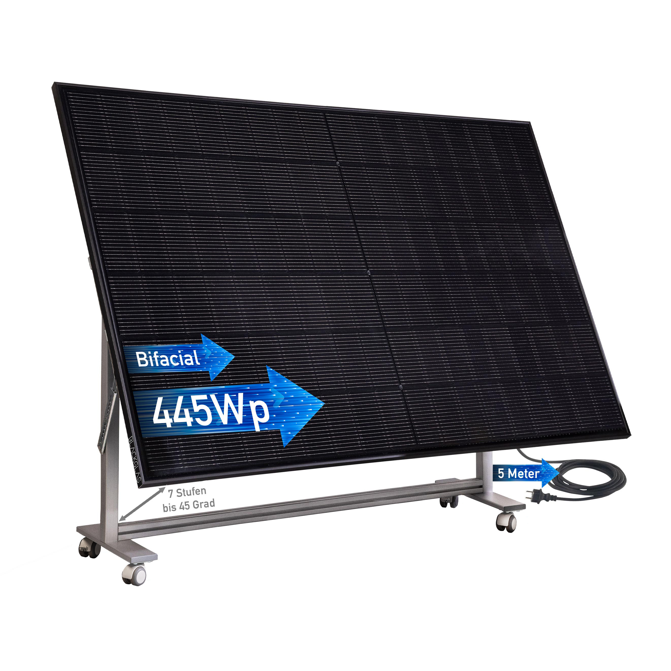 Schwarzes bifaziales Solarpanel 445Wp auf Rollenständern mit Kabel.