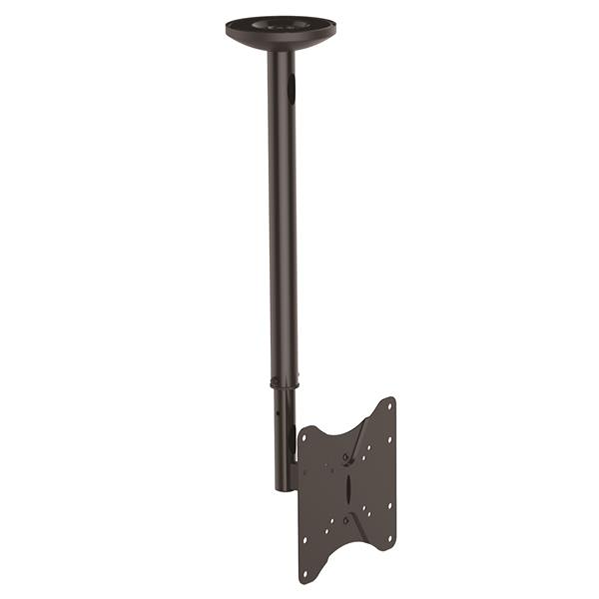 Eine dunkle Deckenhalterung für einen Fernseher mit einem verstellbaren Mast.
