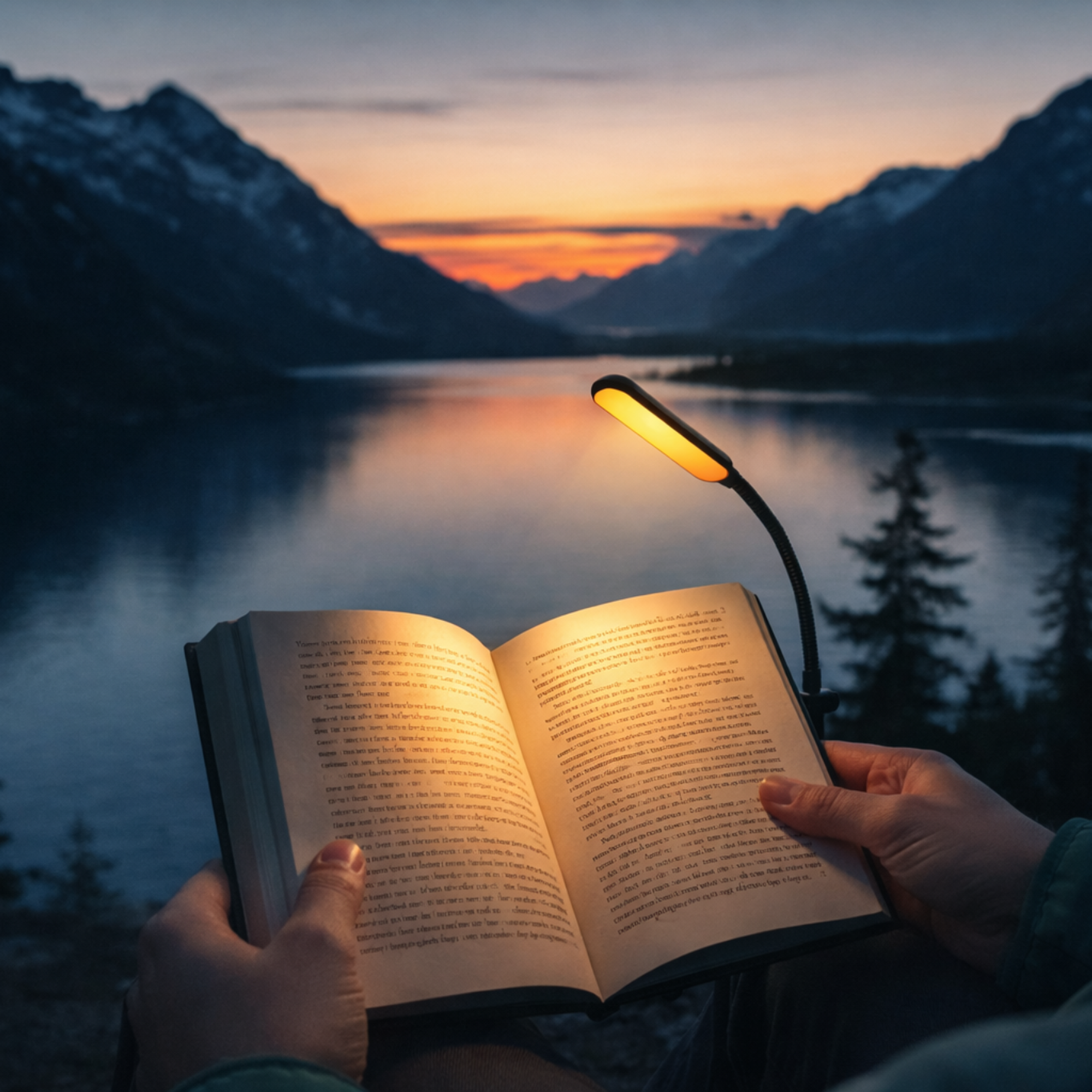 Handen houden een open boek met leeslamp voor een meer bij zonsondergang.