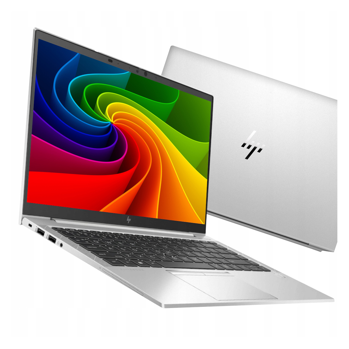 Ein silberner HP Laptop mit farbigem Hintergrund auf dem Bildschirm.