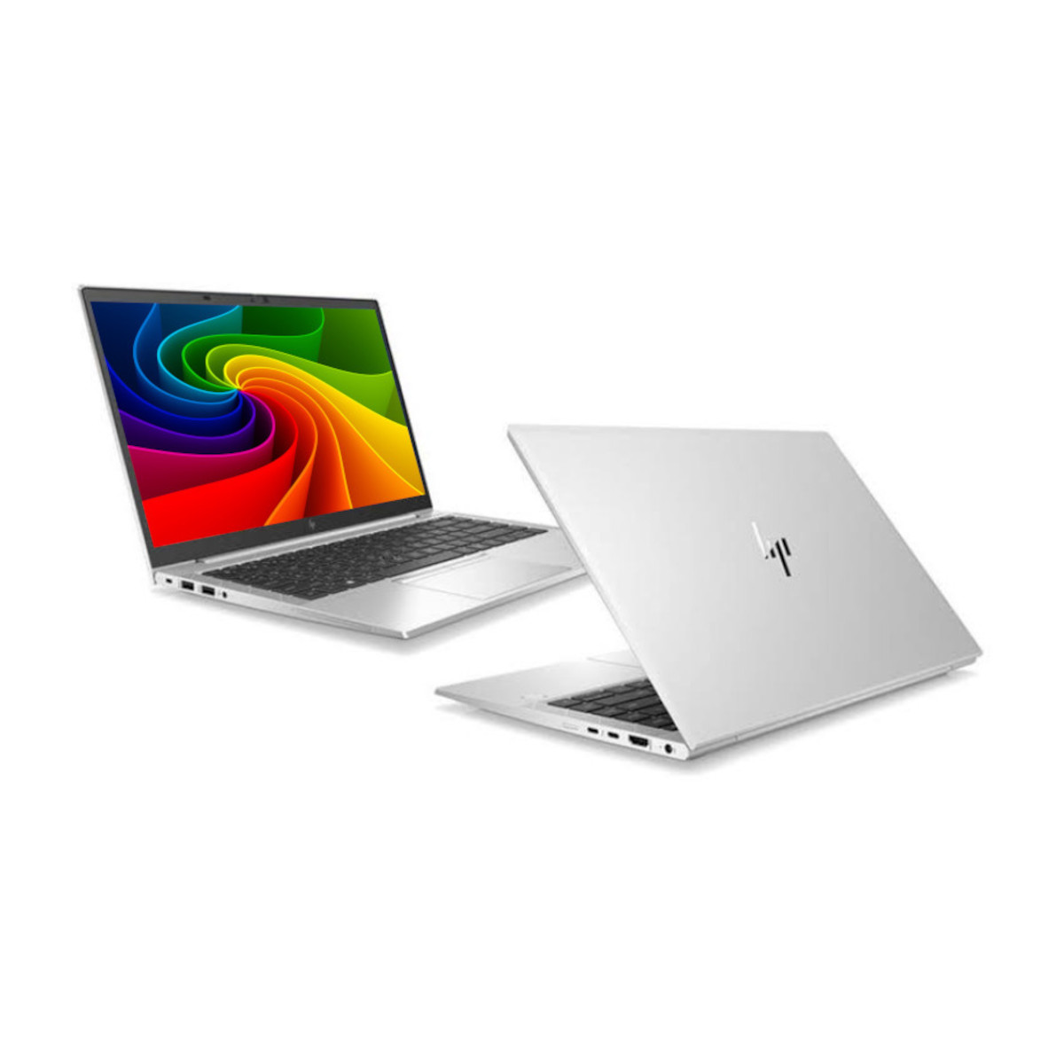 Zwei silberne Laptops auf weißem Hintergrund. Einer ist geöffnet mit bunter Anzeige.