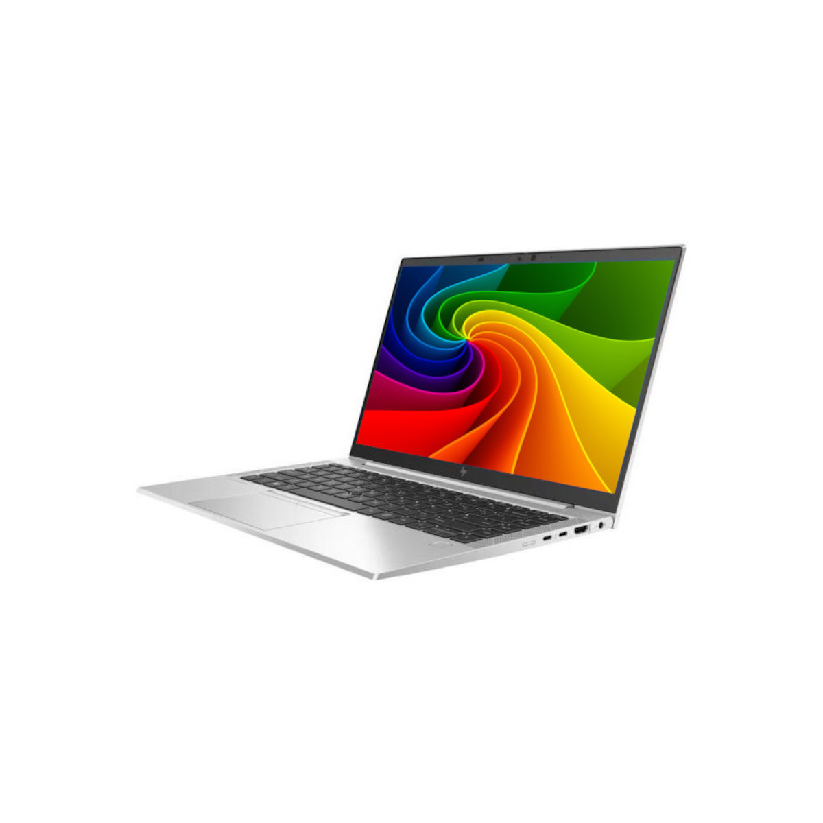 Ein silberner Laptop mit einem bunten Wirbel-Hintergrundbild auf dem Bildschirm.