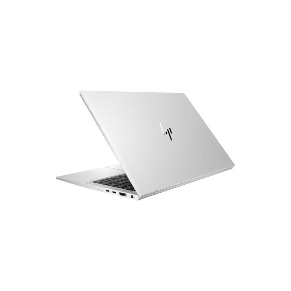 Ein silberner HP Laptop ist von der Seite geöffnet, der Deckel leicht angehoben.