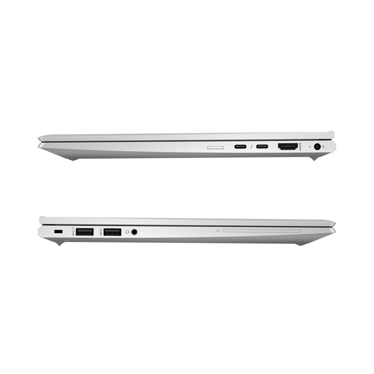Silberner Laptop mit Anschlüssen: USB-C, HDMI, USB-A, Kopfhörerbuchse und SD-Kartensteckplatz.
