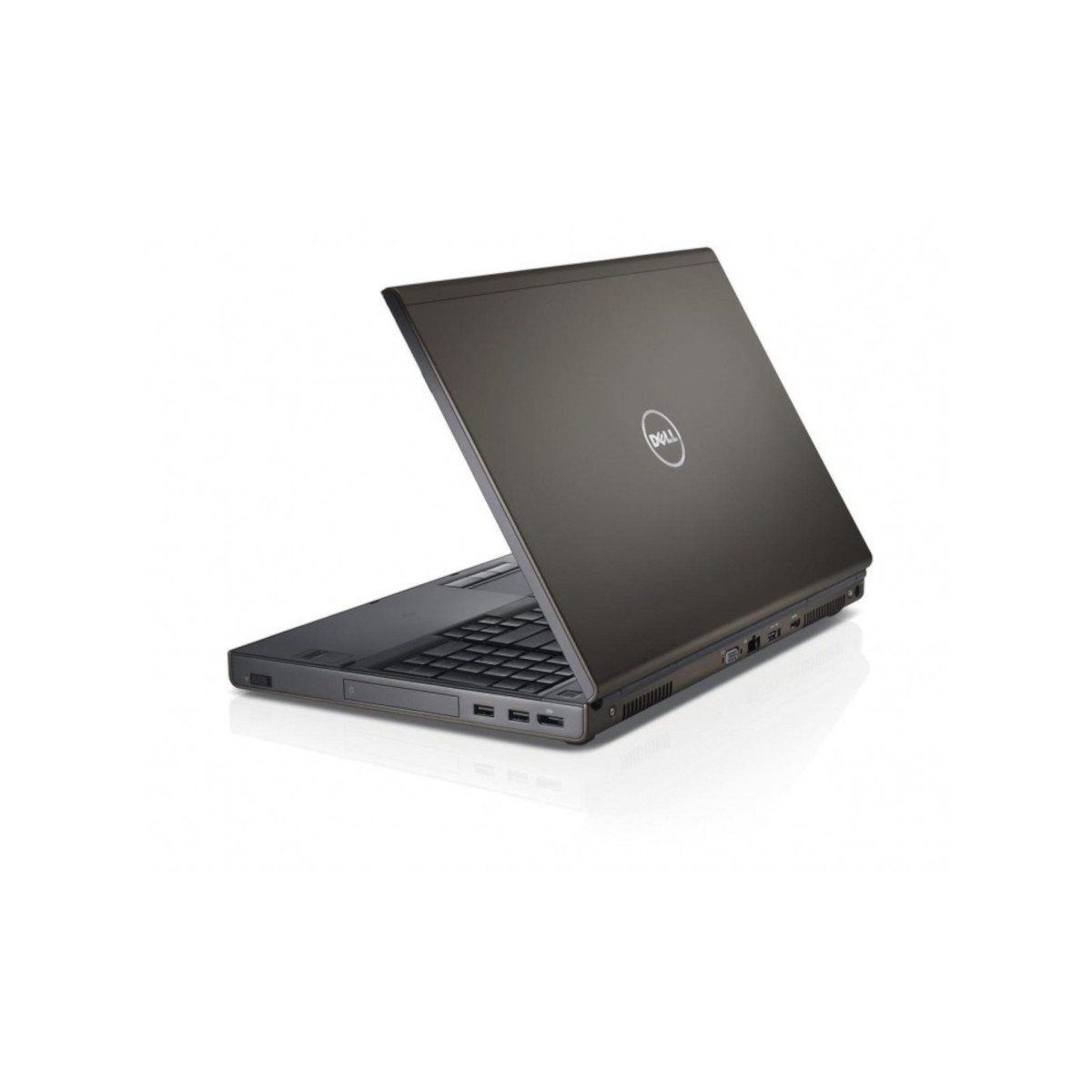 Dunkelgraues Dell-Laptop, leicht geöffnet, mit Tastatur und Anschlüssen sichtbar.