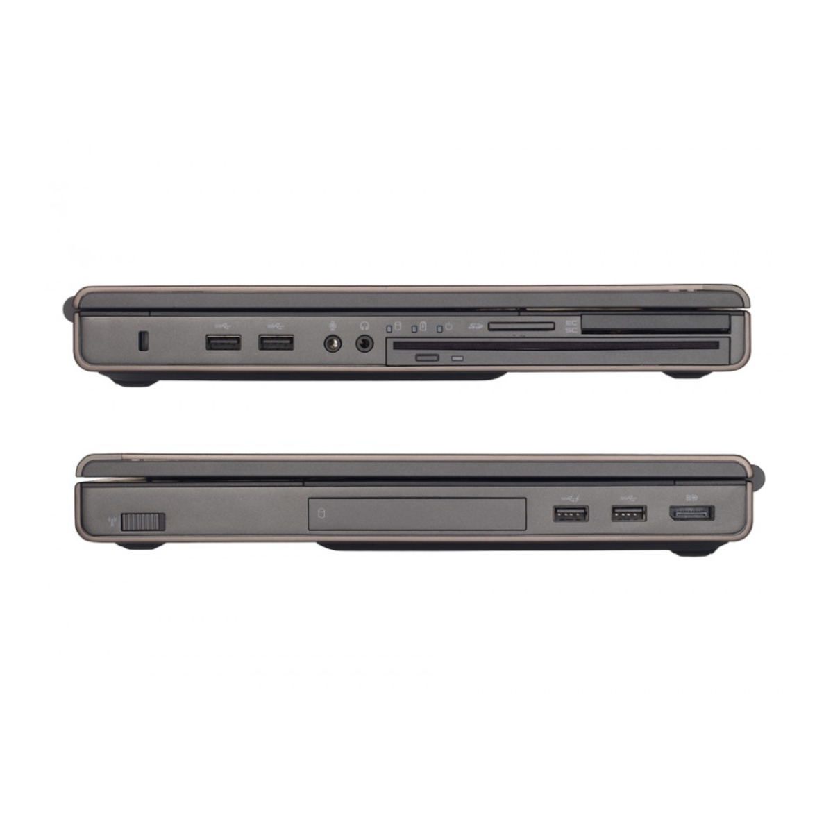 Oben und unten Ansichten eines grauen Laptops mit Anschlüssen.