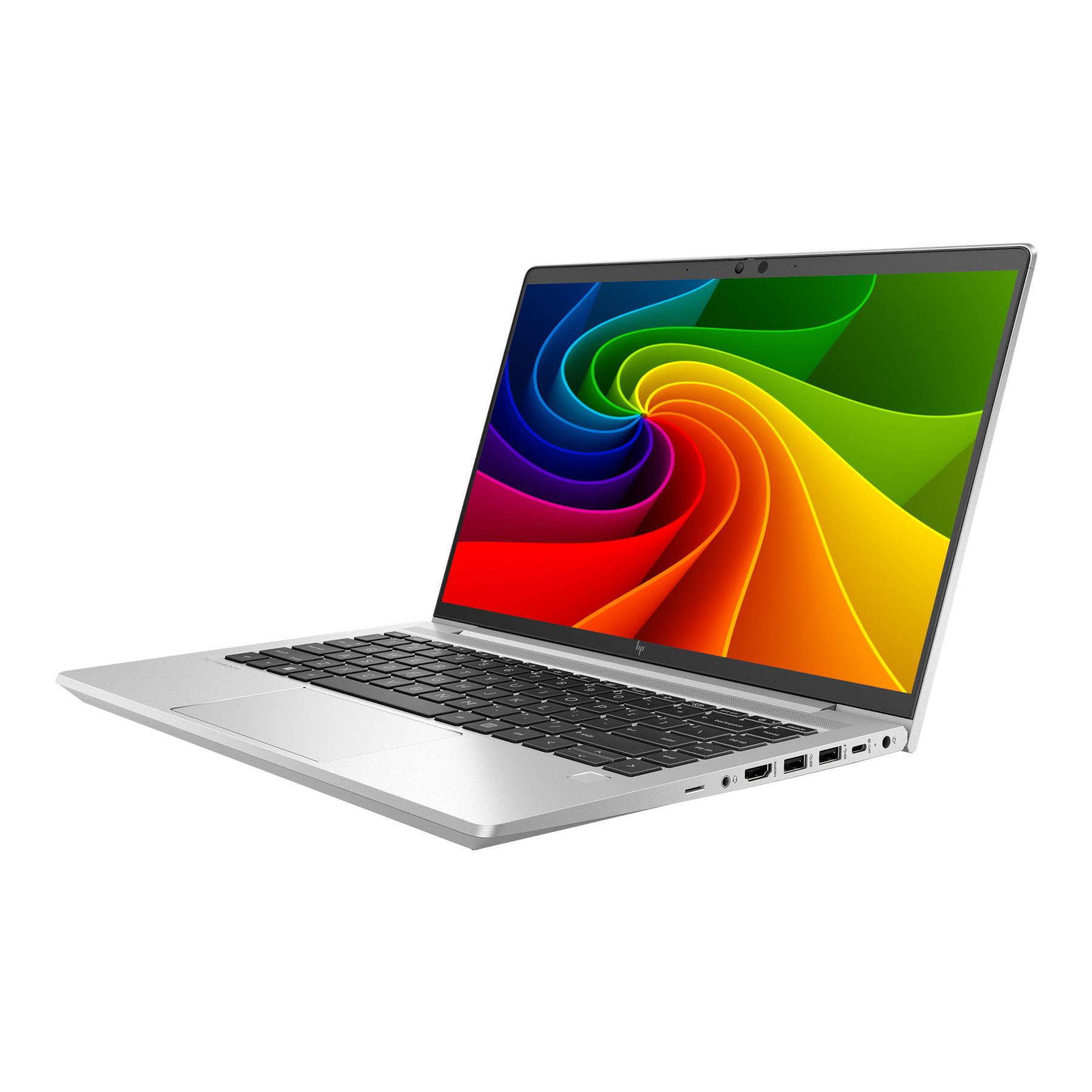 Ein silberner Laptop mit einem bunten Wirbel auf dem Bildschirm.