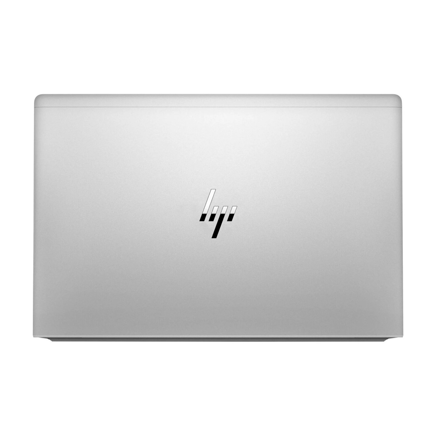 Geschlossener silberner HP Laptop mit Logo auf weißem Hintergrund.