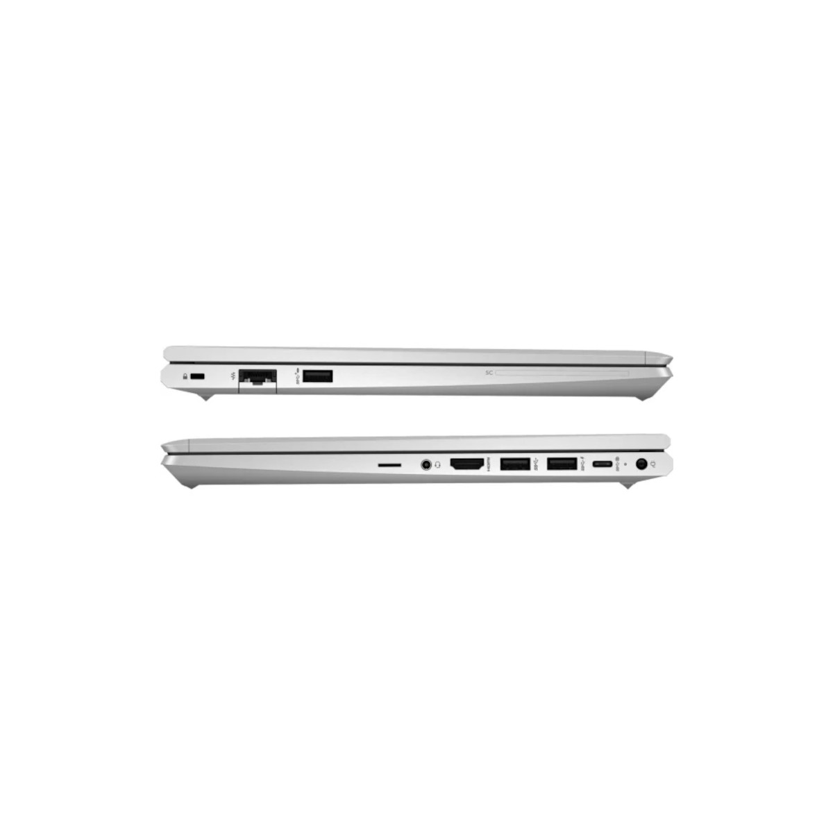 Silberner Laptop, Seitenansicht. Anschlüsse: USB, Ethernet, HDMI, USB-C.
