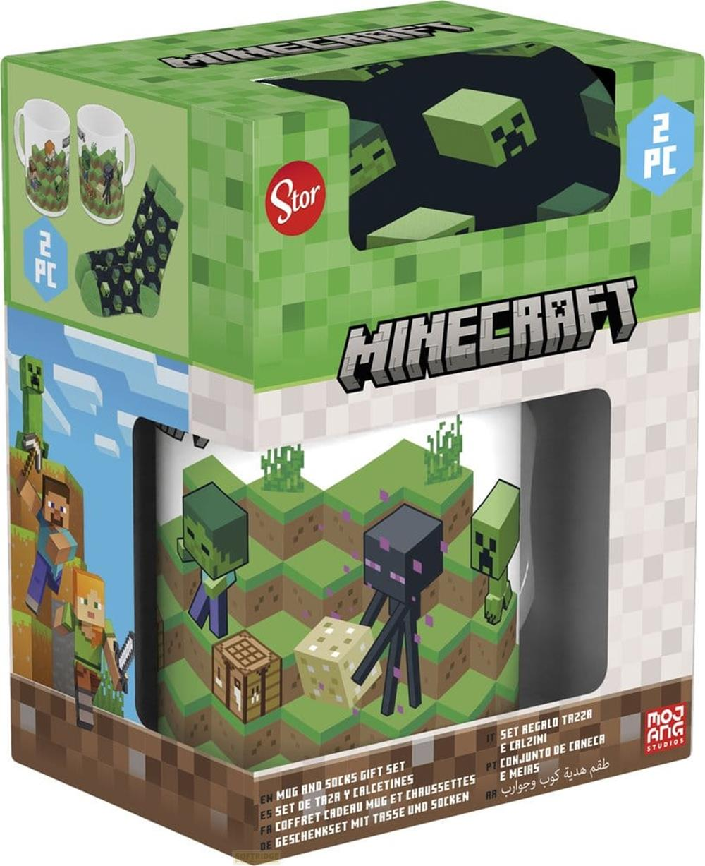 Minecraft-Geschenkset mit Tasse und Socken, mit Creepern und Enderman.