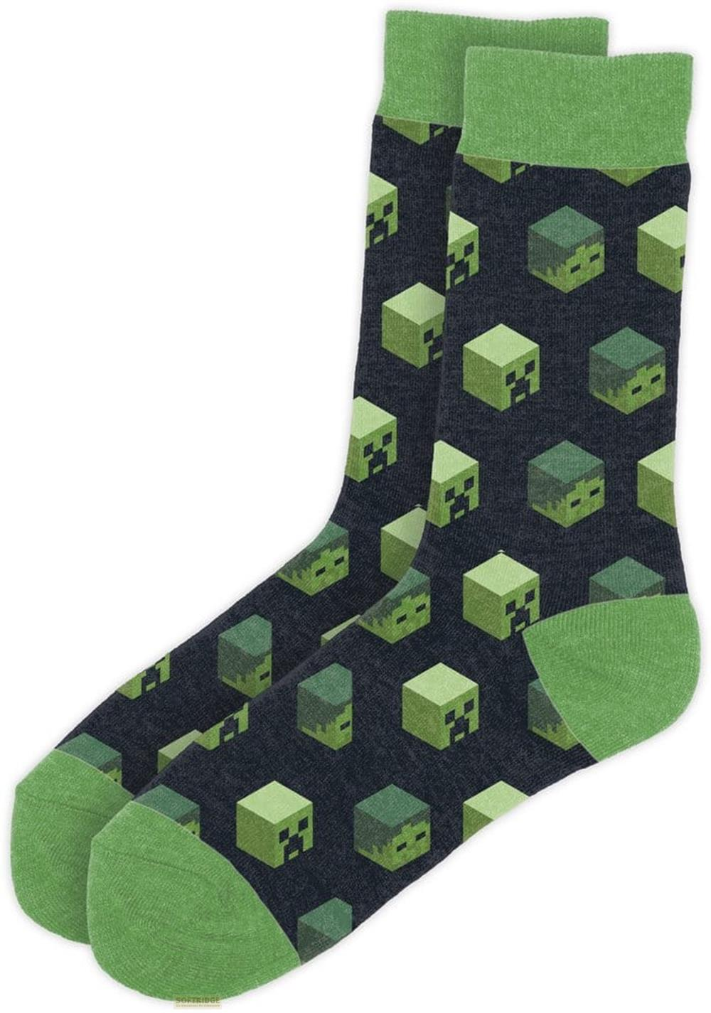 Dunkelgraue Socken mit grünem Minecraft-Creeper-Muster und grünen Bündchen.