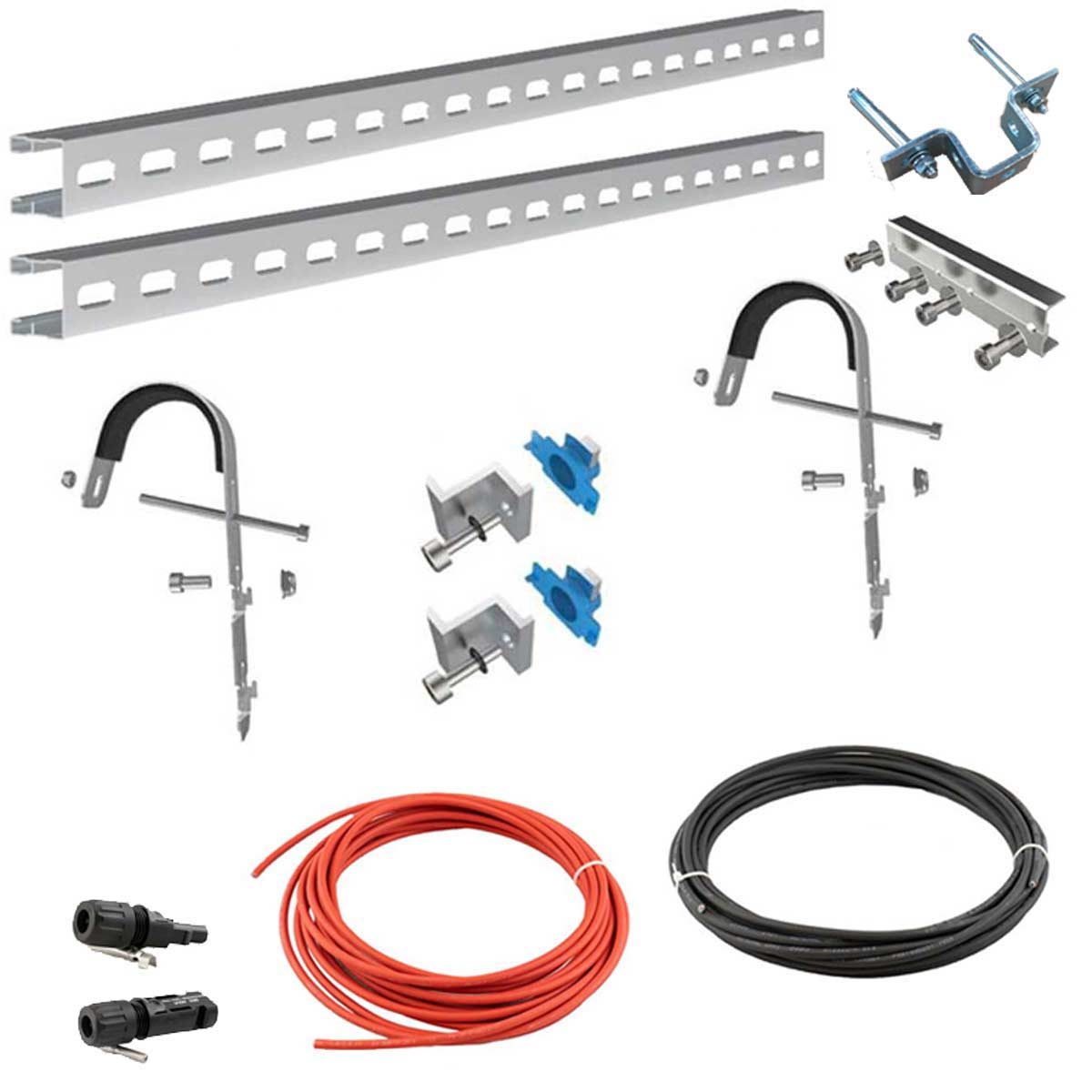 Montagematerial für Solaranlagen: Schienen, Klemmen, Kabel und Verbinder.