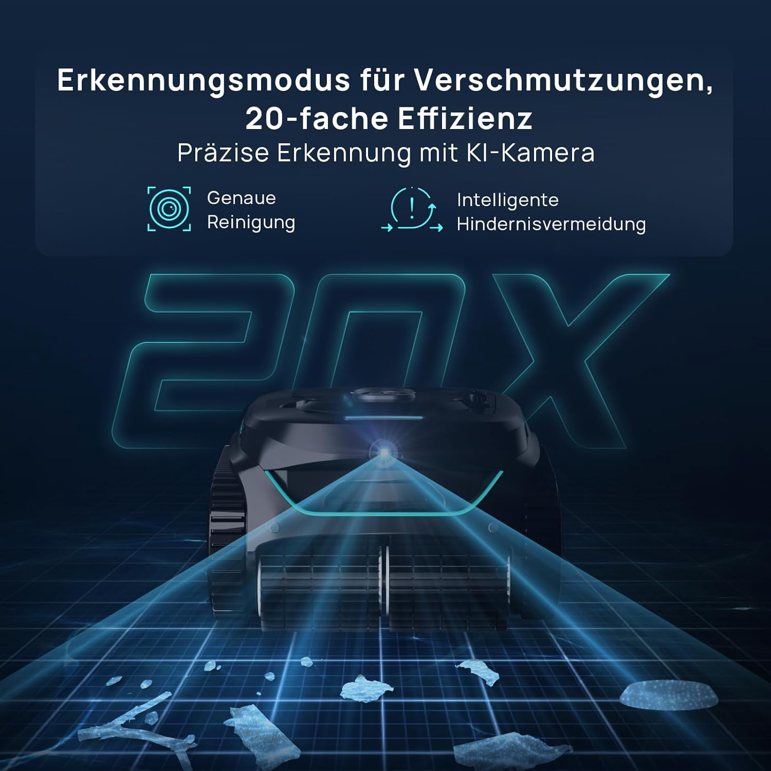 Reinigungsroboter mit KI-Kamera erkennt Schmutz & Hindernisse, 20x Effizienz.
