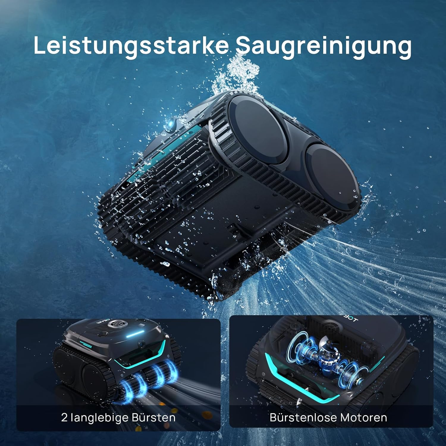 Schwarzer Roboter-Poolreiniger mit blauen Akzenten, zeigt Bürsten und Motoren.