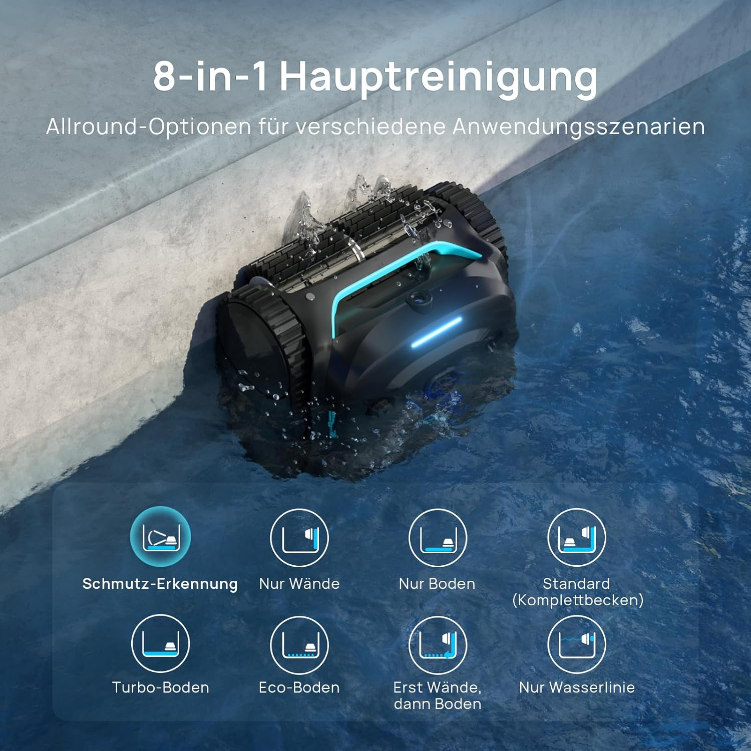 Ein schwarzer Poolreiniger mit blauen Akzenten fährt im Wasser, zeigt 8 Reinigungsmodi.