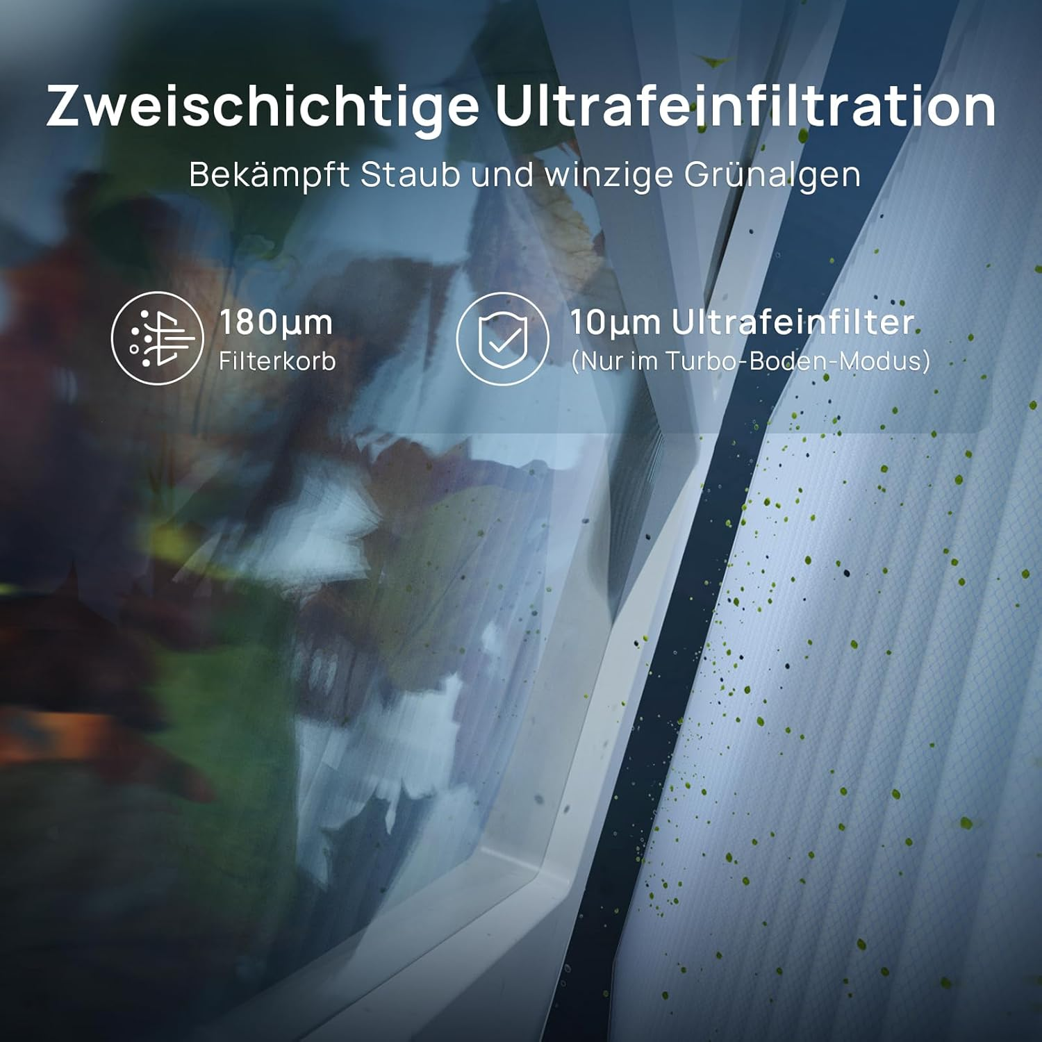Zweischichtige Ultrafeinfiltration bekämpft Staub und Algen. Filterdetails.
