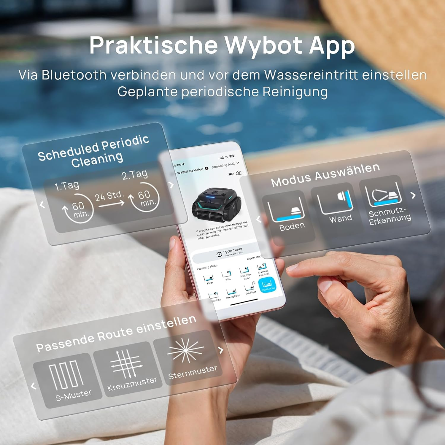 Hand hält Smartphone mit Wybot App. Poolroboter und Einstellungen sind sichtbar.