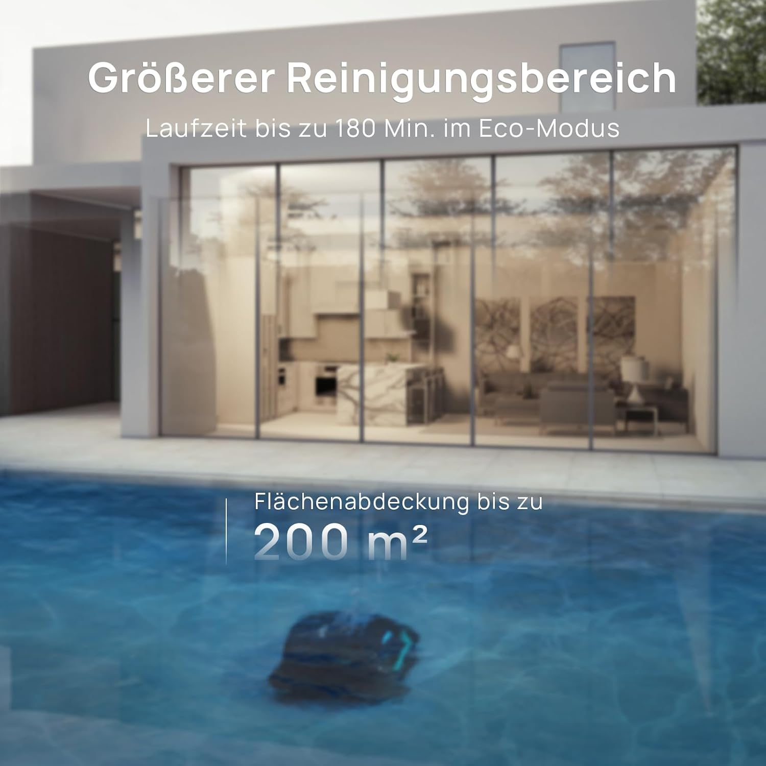 Ein Poolroboter reinigt einen Pool vor einem modernen Haus. Text: 200 m² Abdeckung.