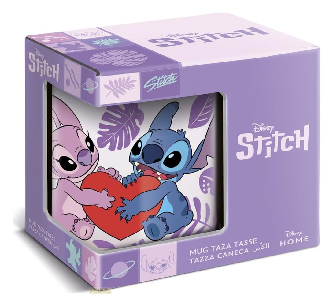 Stitch und Engel Charaktere halten ein rotes Herz auf einer Tassenbox.