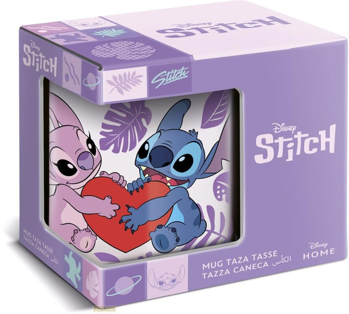 Lila Box mit Stitch und Angel, die ein Herz halten. Lizenz: Disney.
