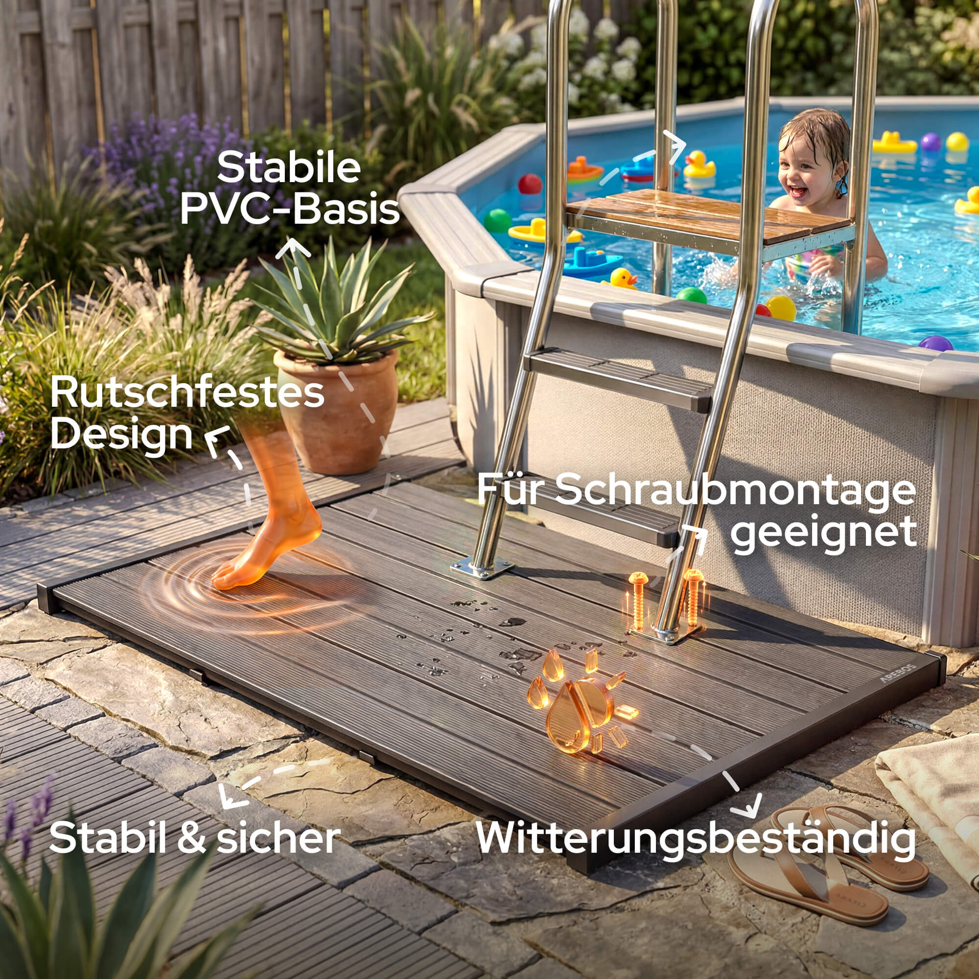 Ein Kind planscht im Pool, daneben eine Holzterrasse mit Leiter und Pflanzen.