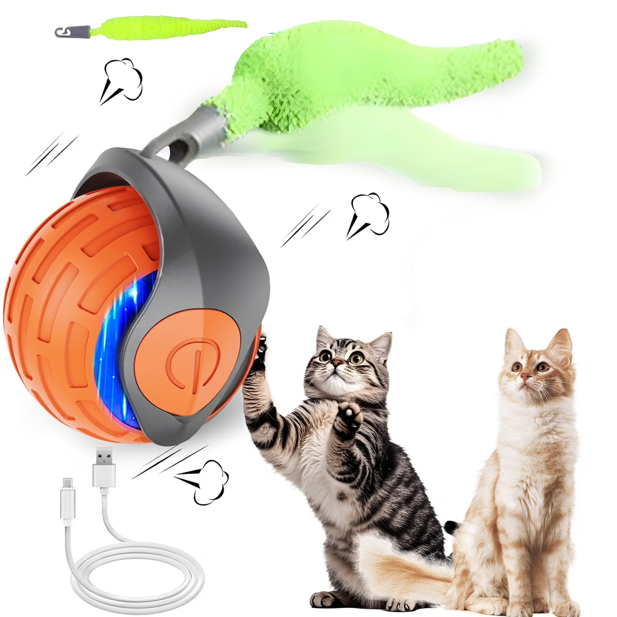 Ein orangefarbener Ball mit Lichtern, zwei Katzen und ein USB-Kabel.