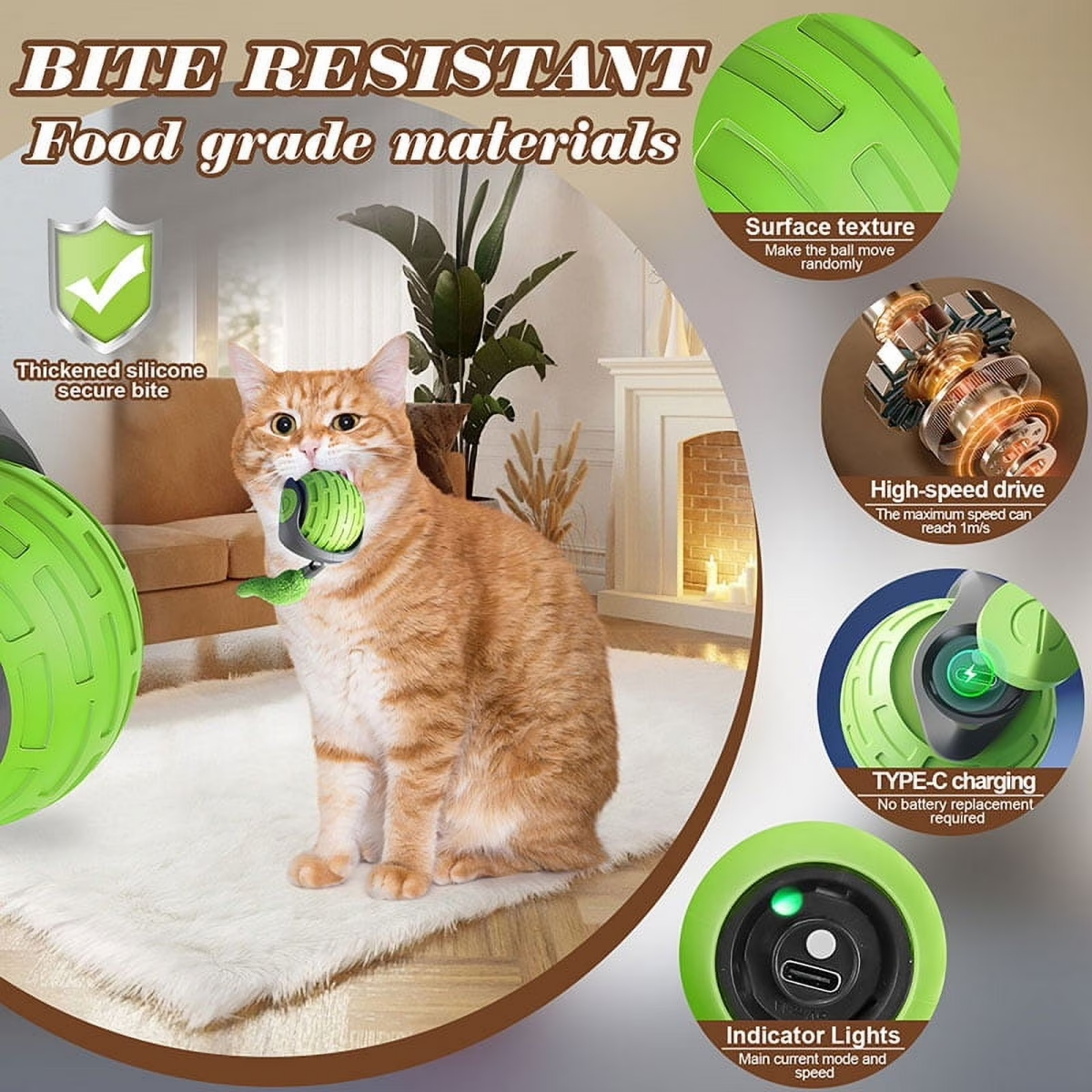 Eine orangefarbene Katze sitzt auf einem Teppich und hält einen grünen Spielzeugball im Maul.