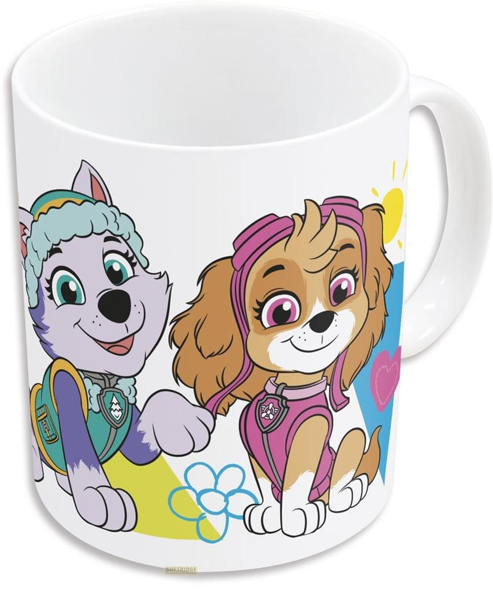 Tasse mit Cartoon-Hunden, einer lila, einer braun, mit rosa und blauen Westen.