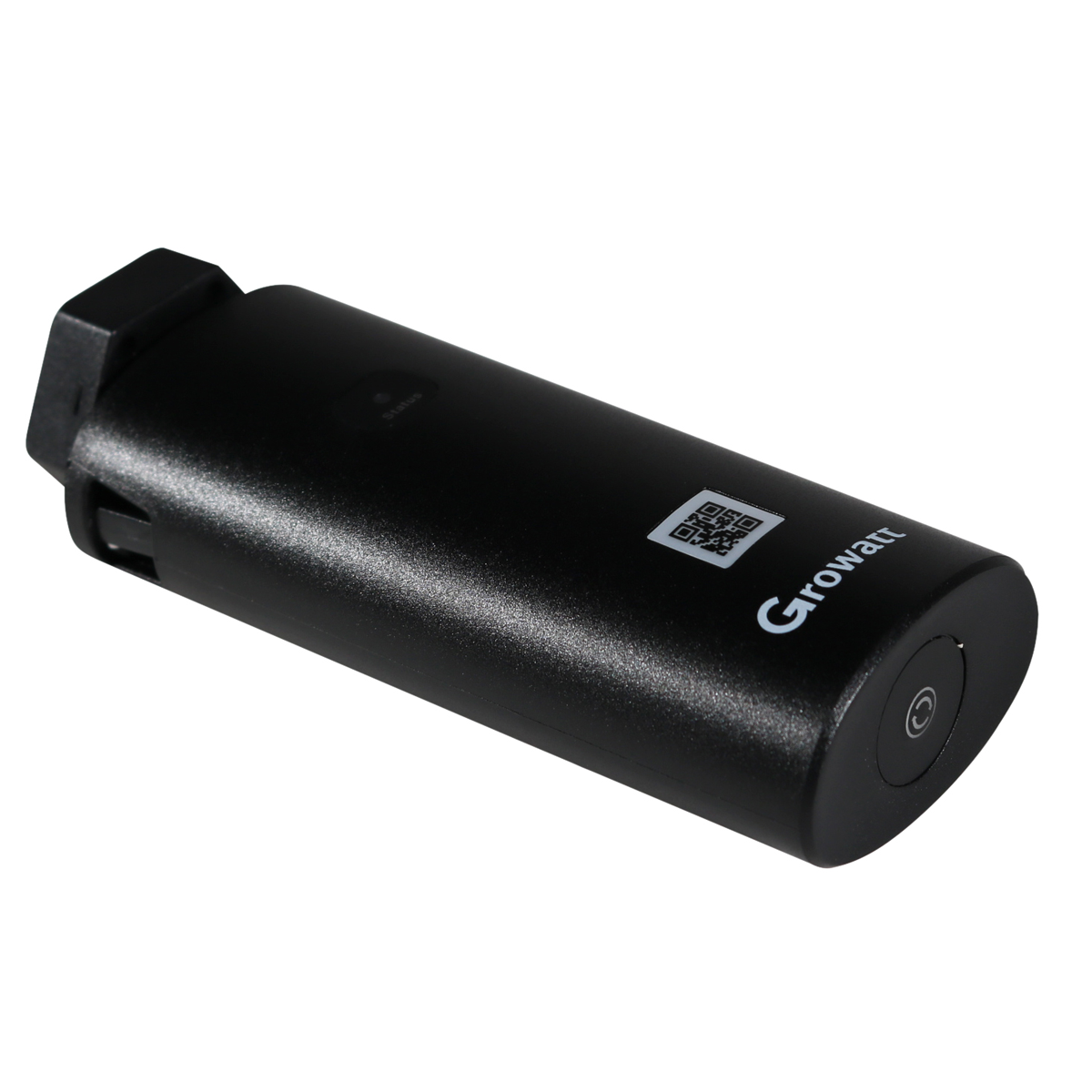 Schwarzer, zylindrischer Growatt-Adapter mit QR-Code und Statusanzeige.