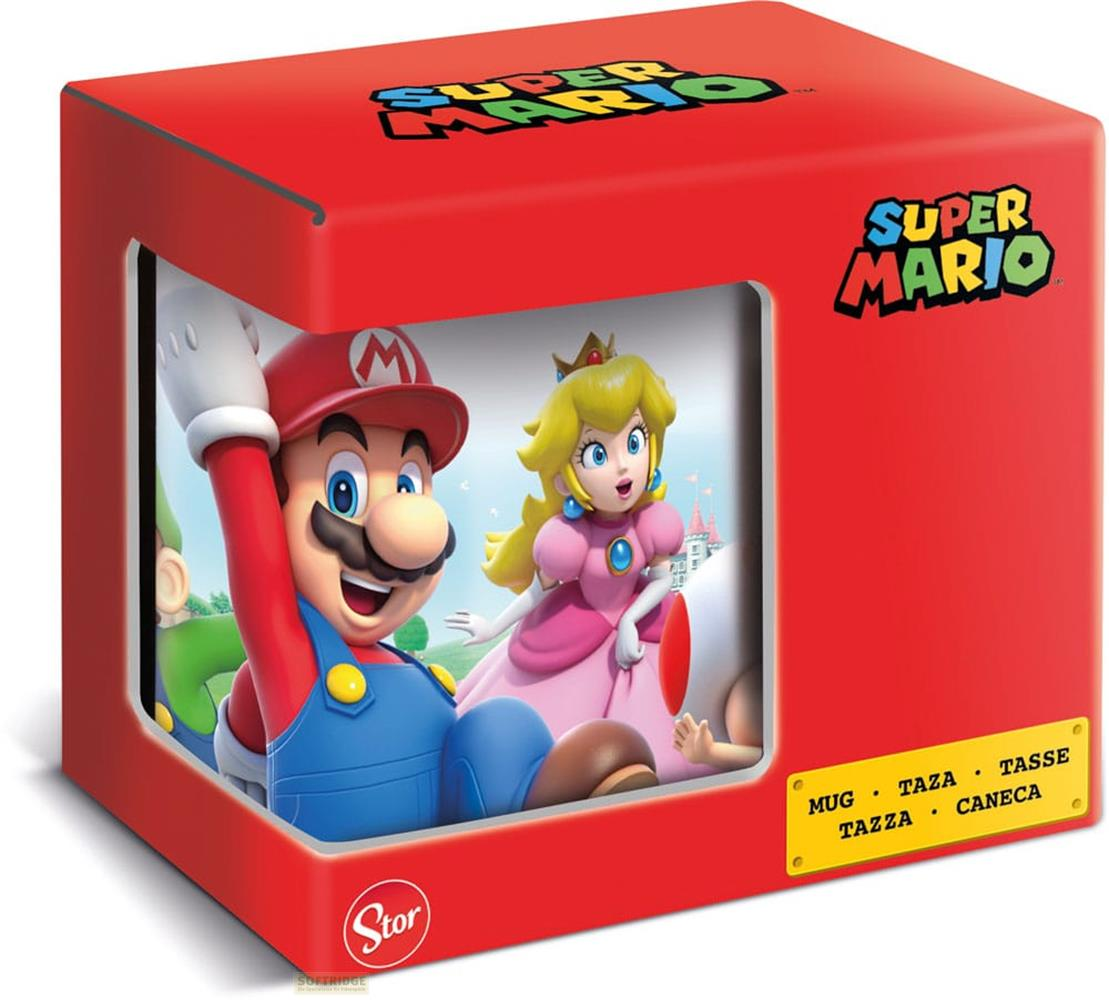 Rote Super Mario Box mit Mario und Peach Charakteren durch ein Fenster.