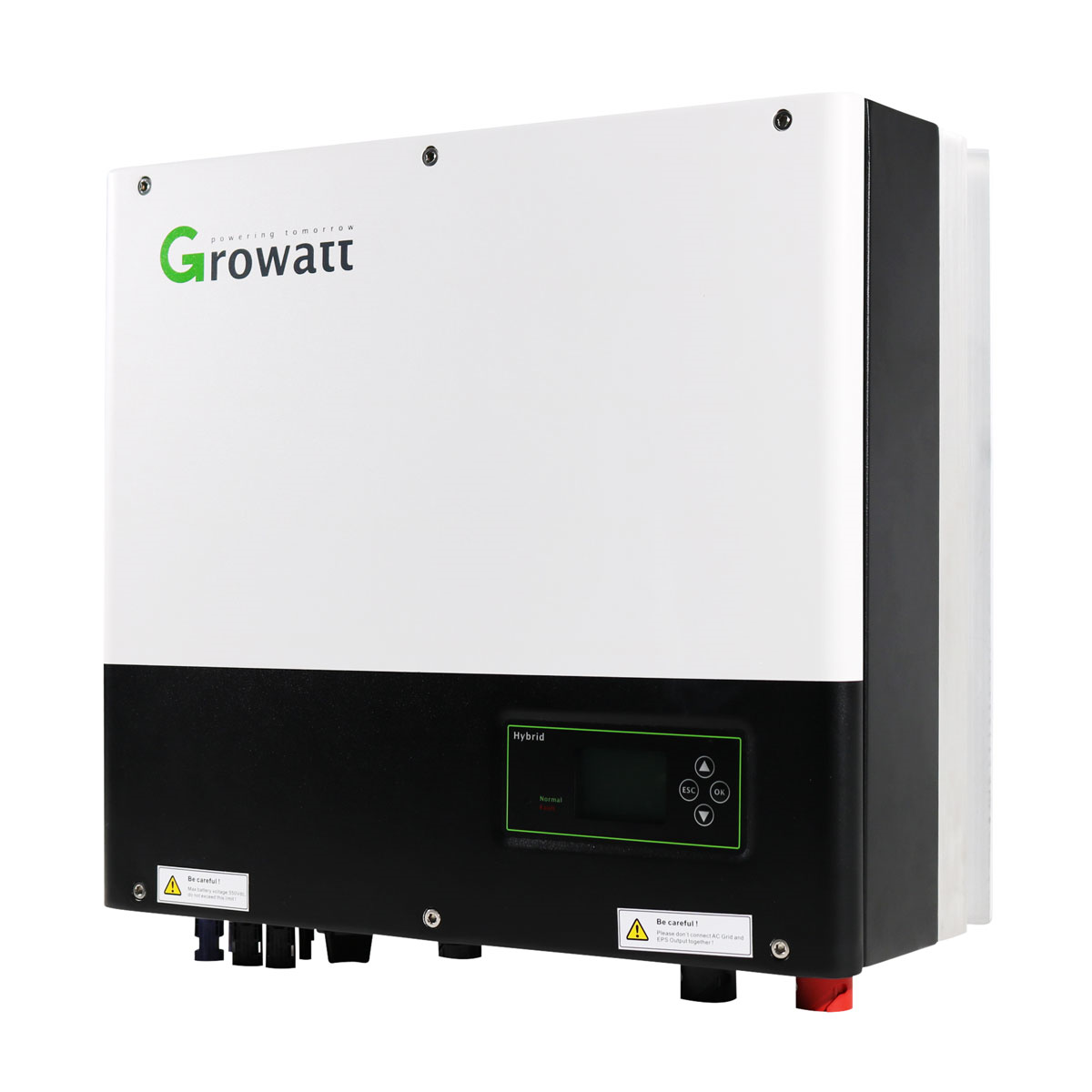 Ein weißer und schwarzer Growatt Hybrid-Wechselrichter mit Bildschirm und Tasten.