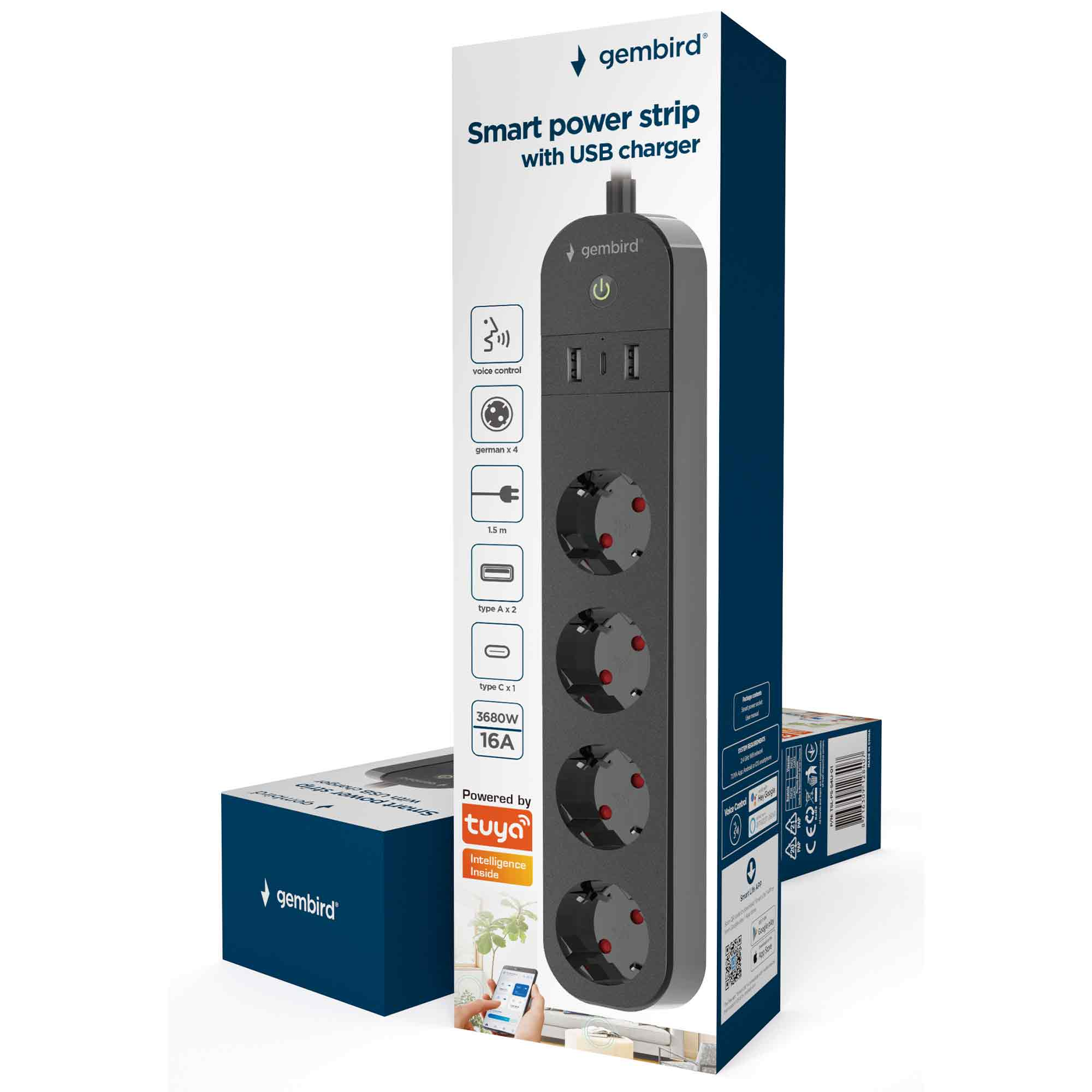Schwarzer Mehrfachstecker mit USB-Anschlüssen, 4 Steckdosen, 2 USB-A, 1 USB-C.