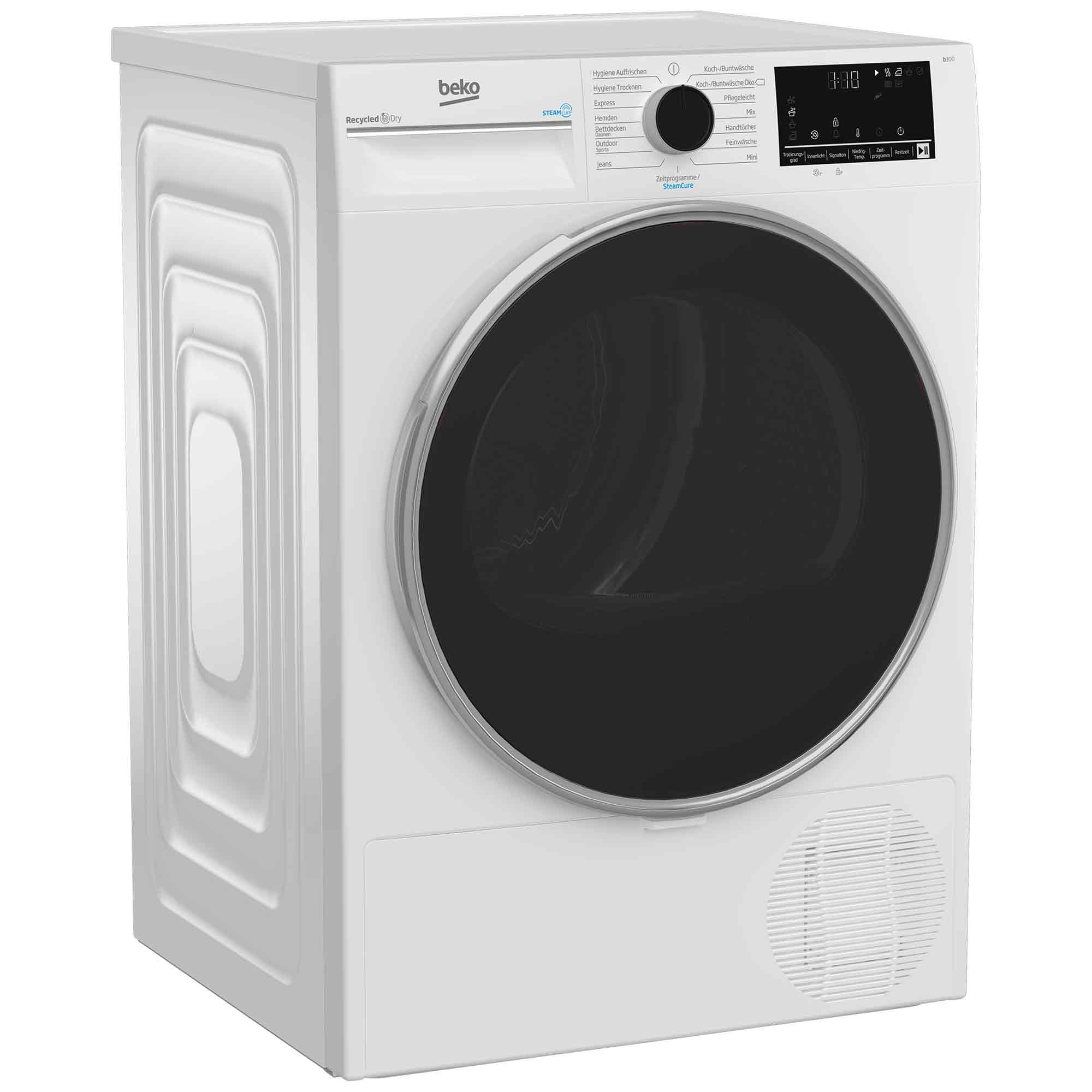 Eine weiße Beko Wäschetrockner-Maschine mit schwarzer runder Tür und Bedienfeld.