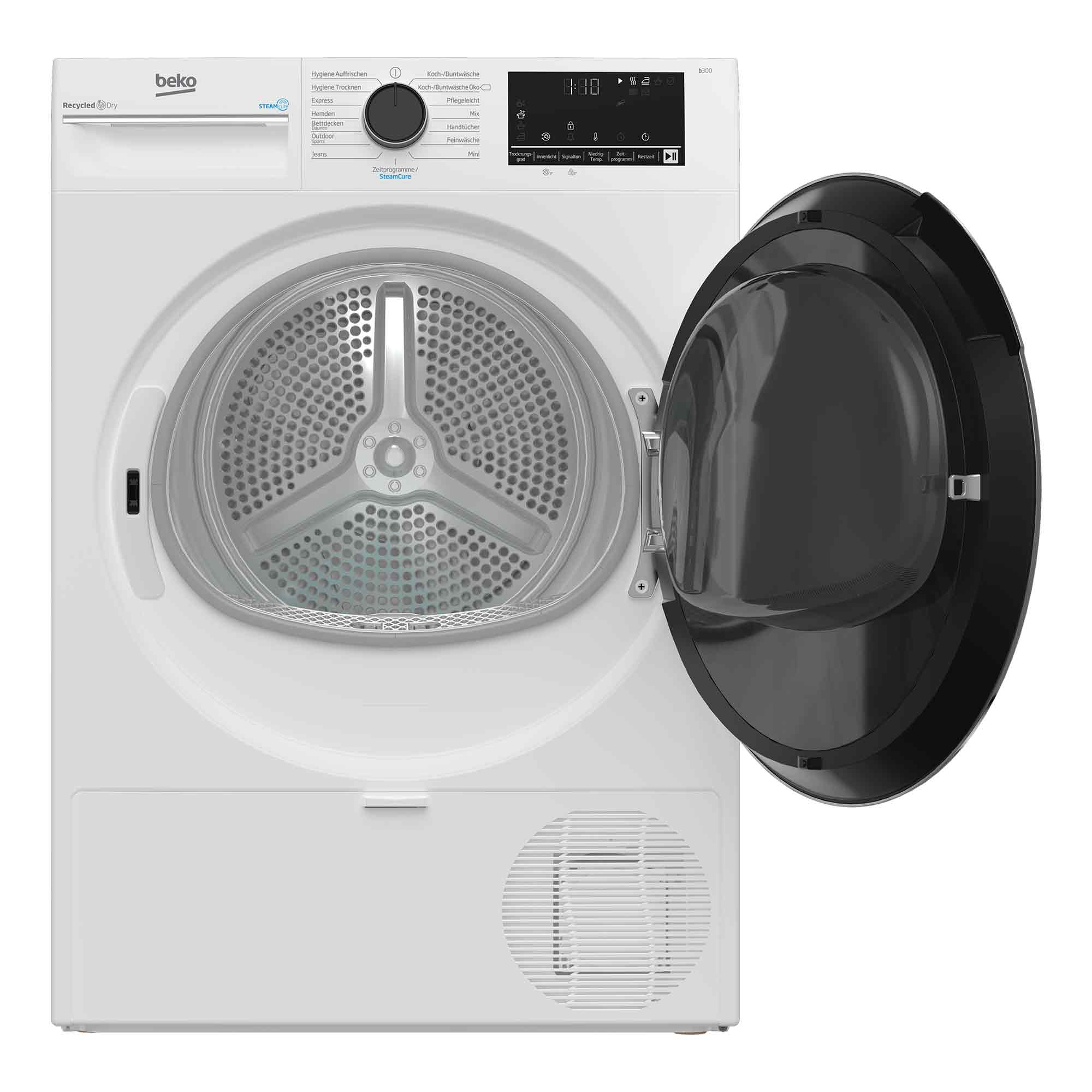 Weiße Beko-Wäschetrockner mit geöffneter Tür, Trommel sichtbar, Display und Bedienelementen.